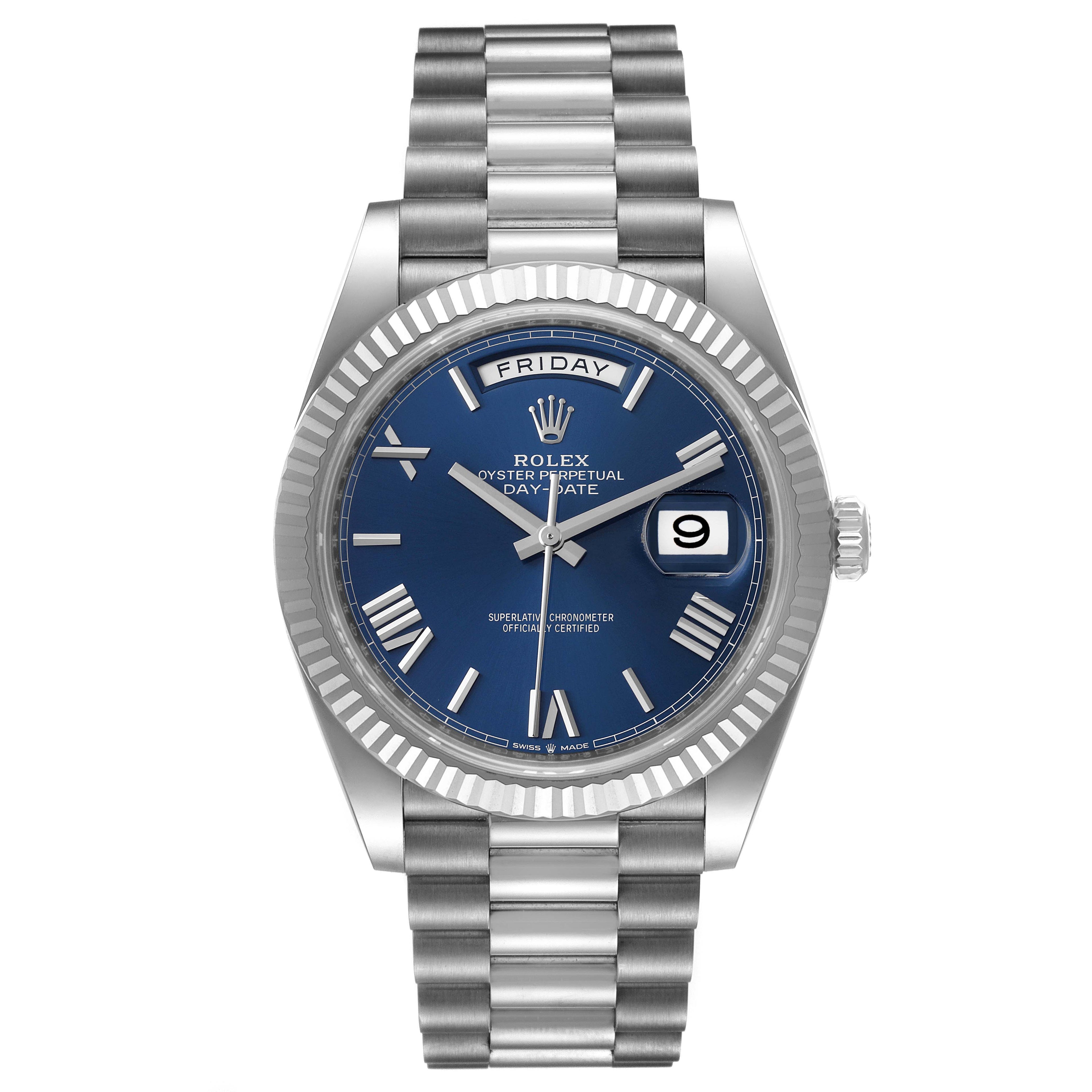 Rolex President Day-Date 40 Blue Dial White Gold Watch 228239 Box Card