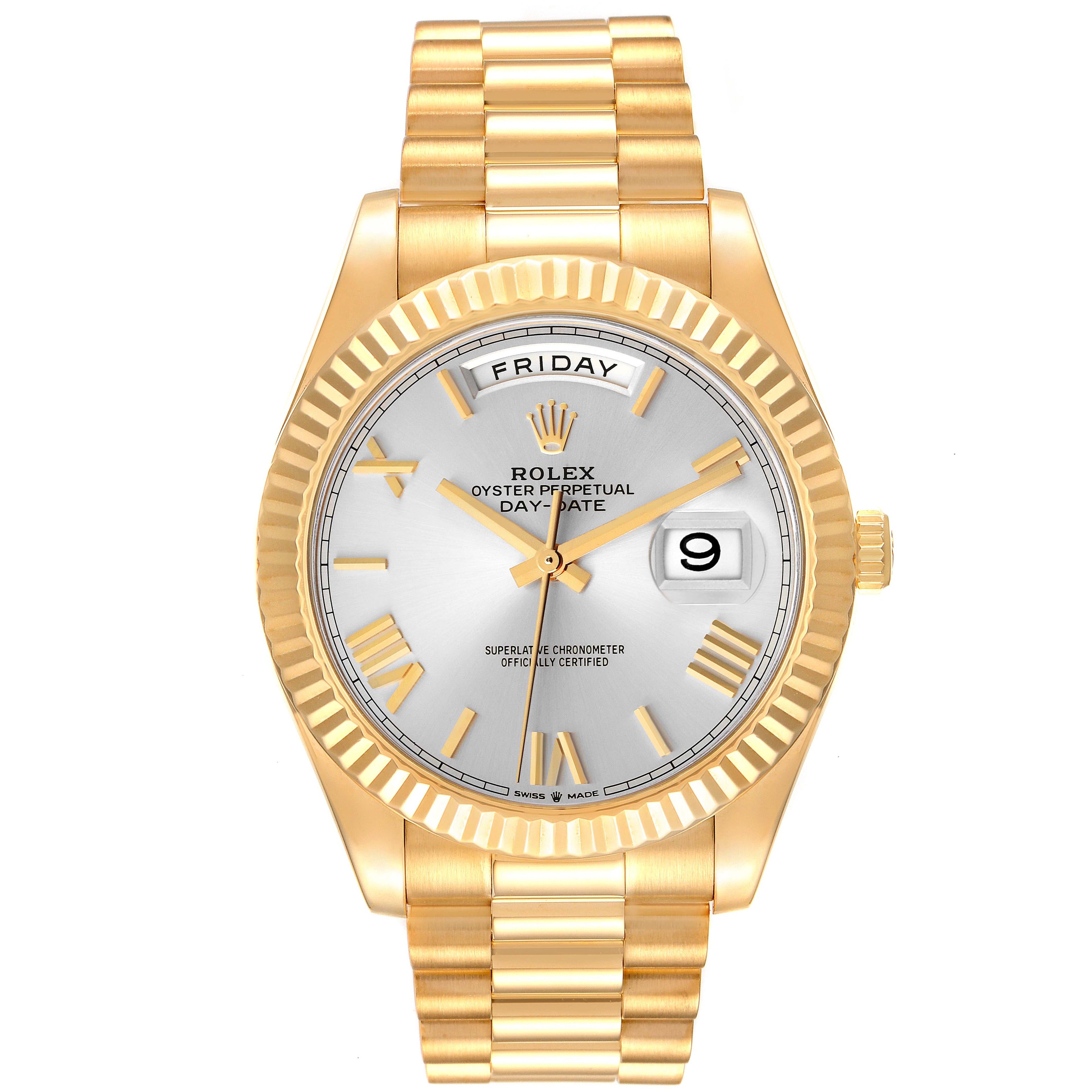 Rolex President Day Date 40 Yellow Gold Silver Dial Mens Watch 228238 Unworn