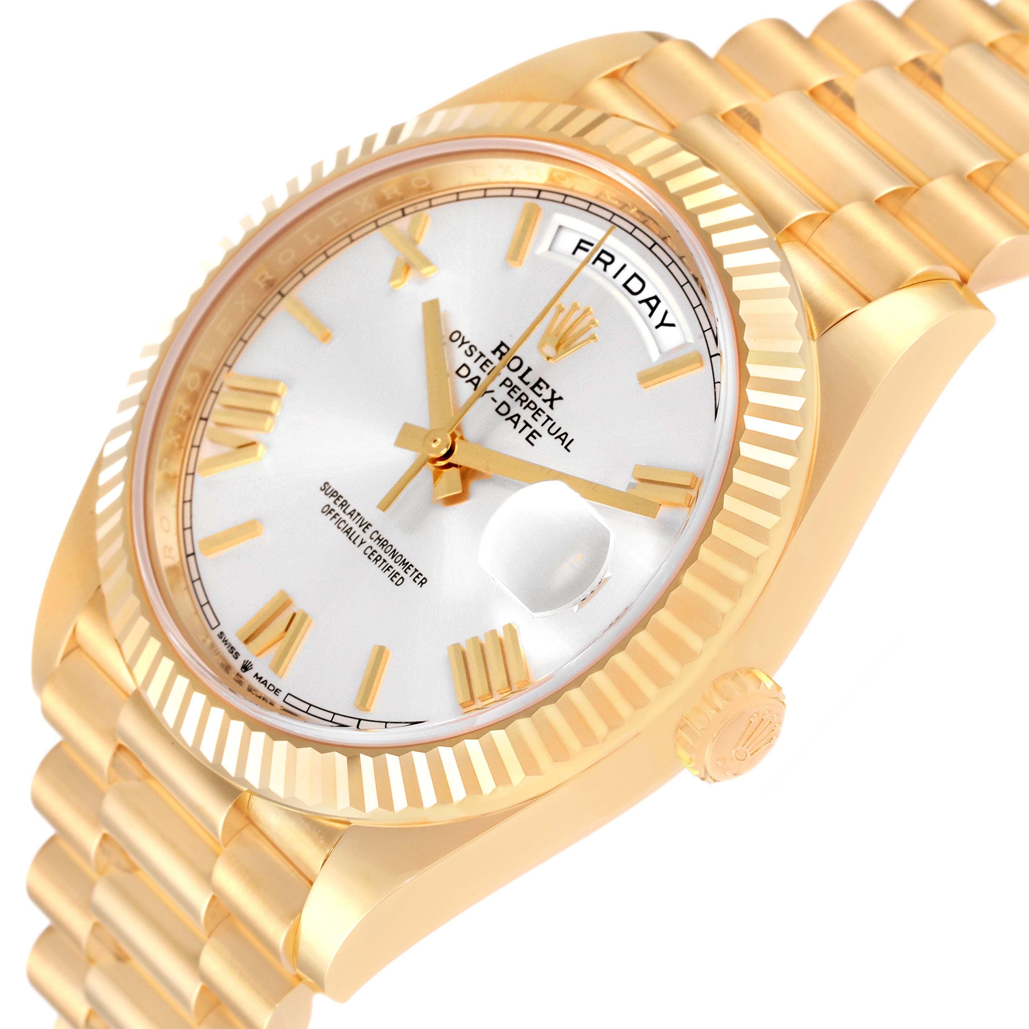Rolex President Day Date 40 Yellow Gold Silver Dial Mens Watch 228238 Unworn