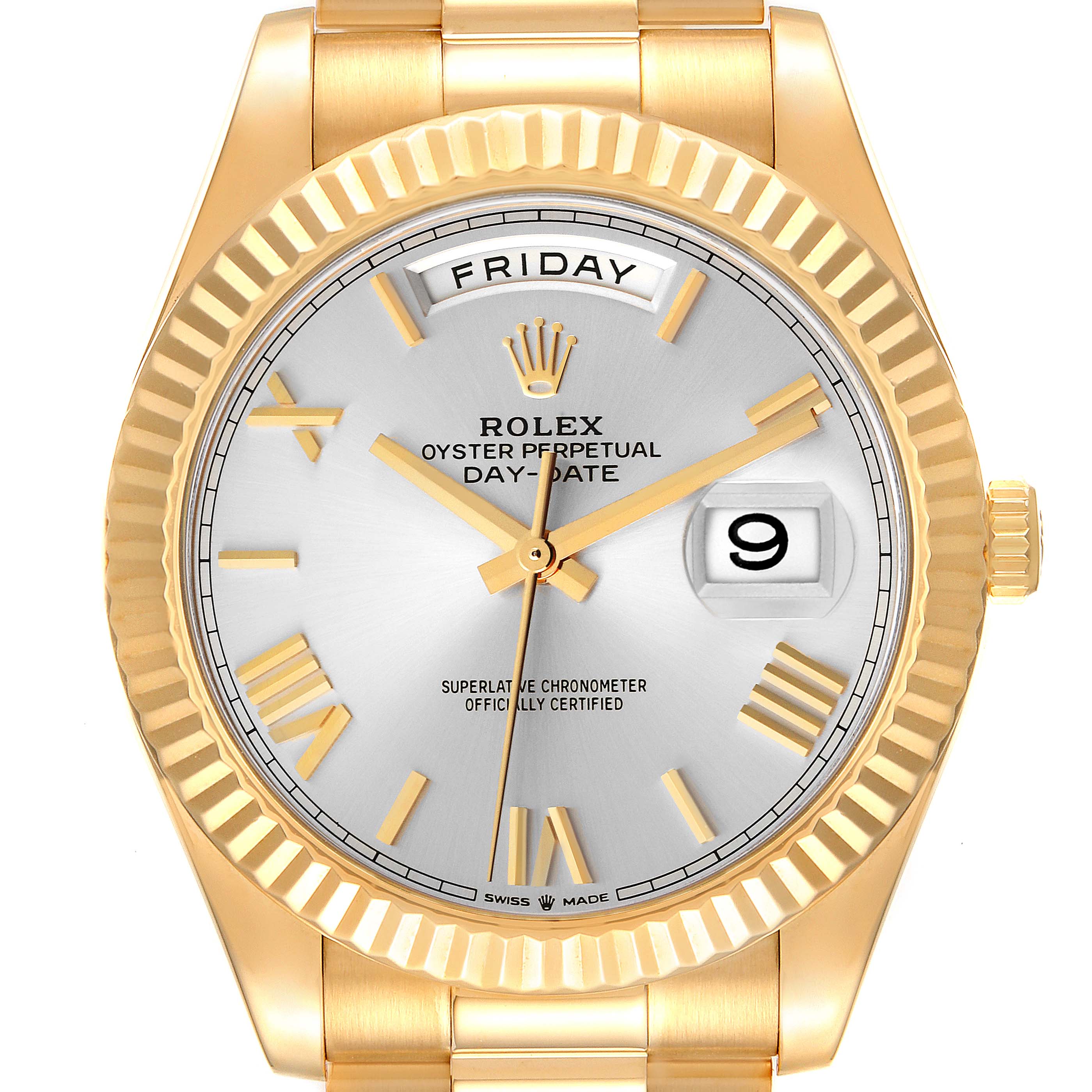 Rolex President Day Date 40 Yellow Gold Silver Dial Mens Watch 228238 Unworn