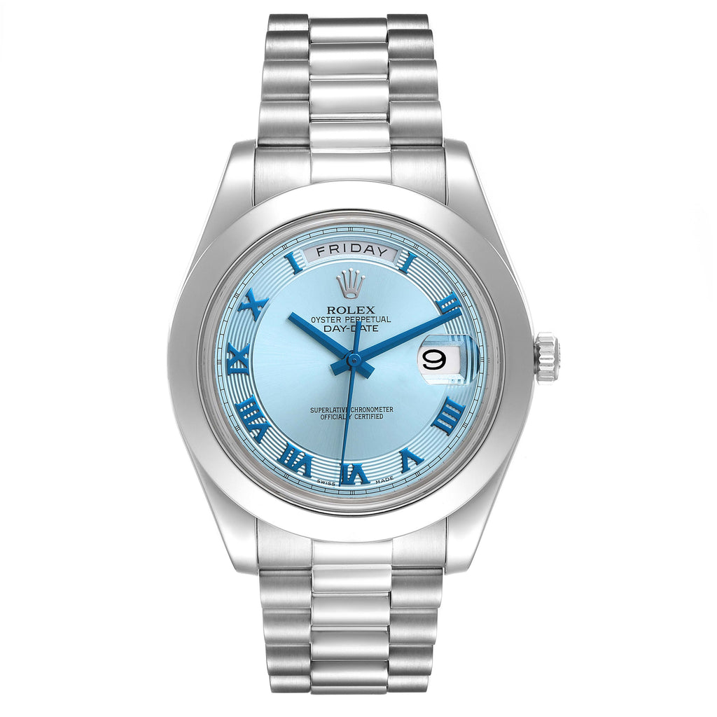 Rolex President Day-Date II Ice Blue Dial Platinum Mens Watch 218206 Box Card