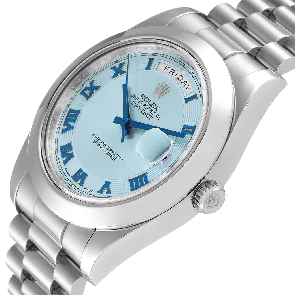 Rolex President Day-Date II Ice Blue Dial Platinum Mens Watch 218206 Box Card