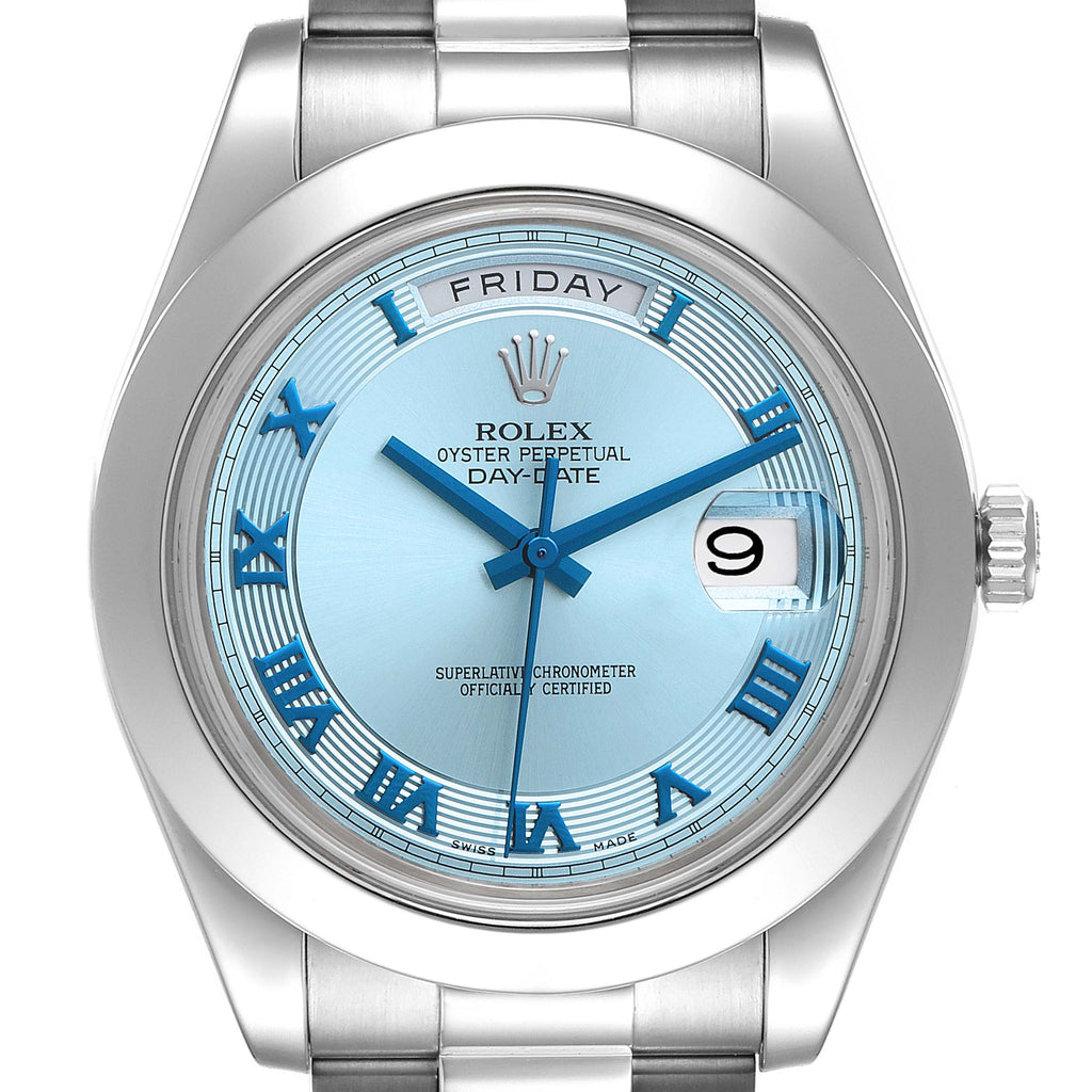 Rolex President Day-Date II Ice Blue Dial Platinum Mens Watch 218206 Box Card