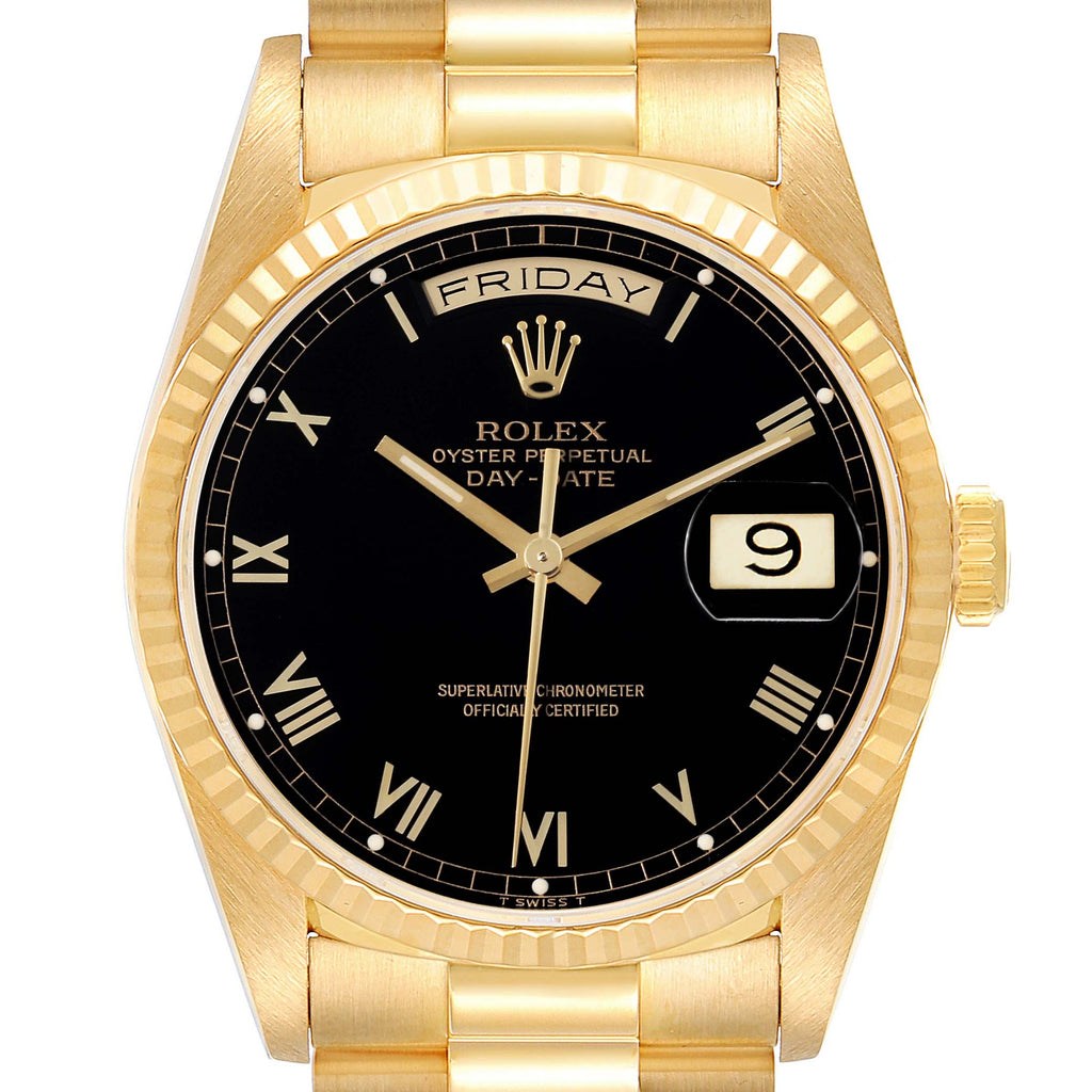 Rolex President Day-Date Black Dial Yellow Gold Mens Watch 18238