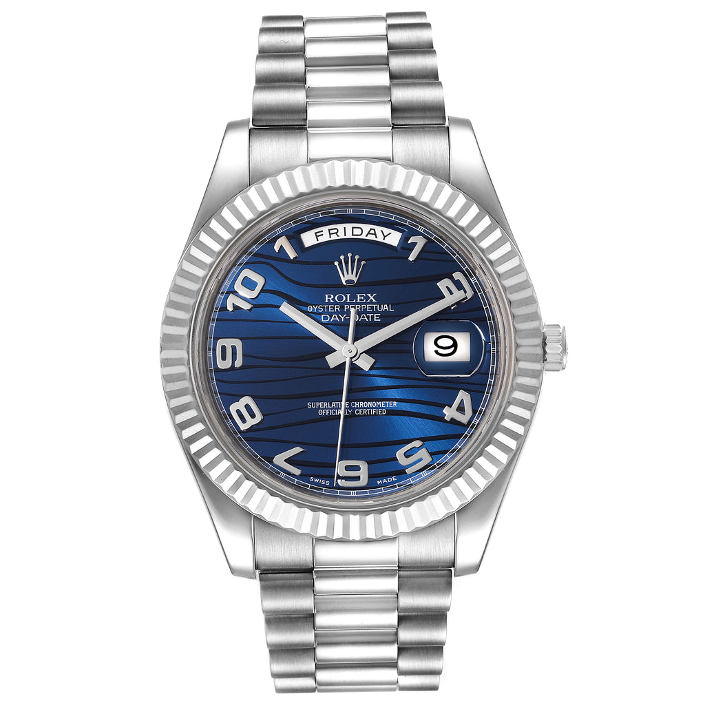 Rolex President Day-Date II White Gold Blue Dial Mens Watch 218239 Box Card