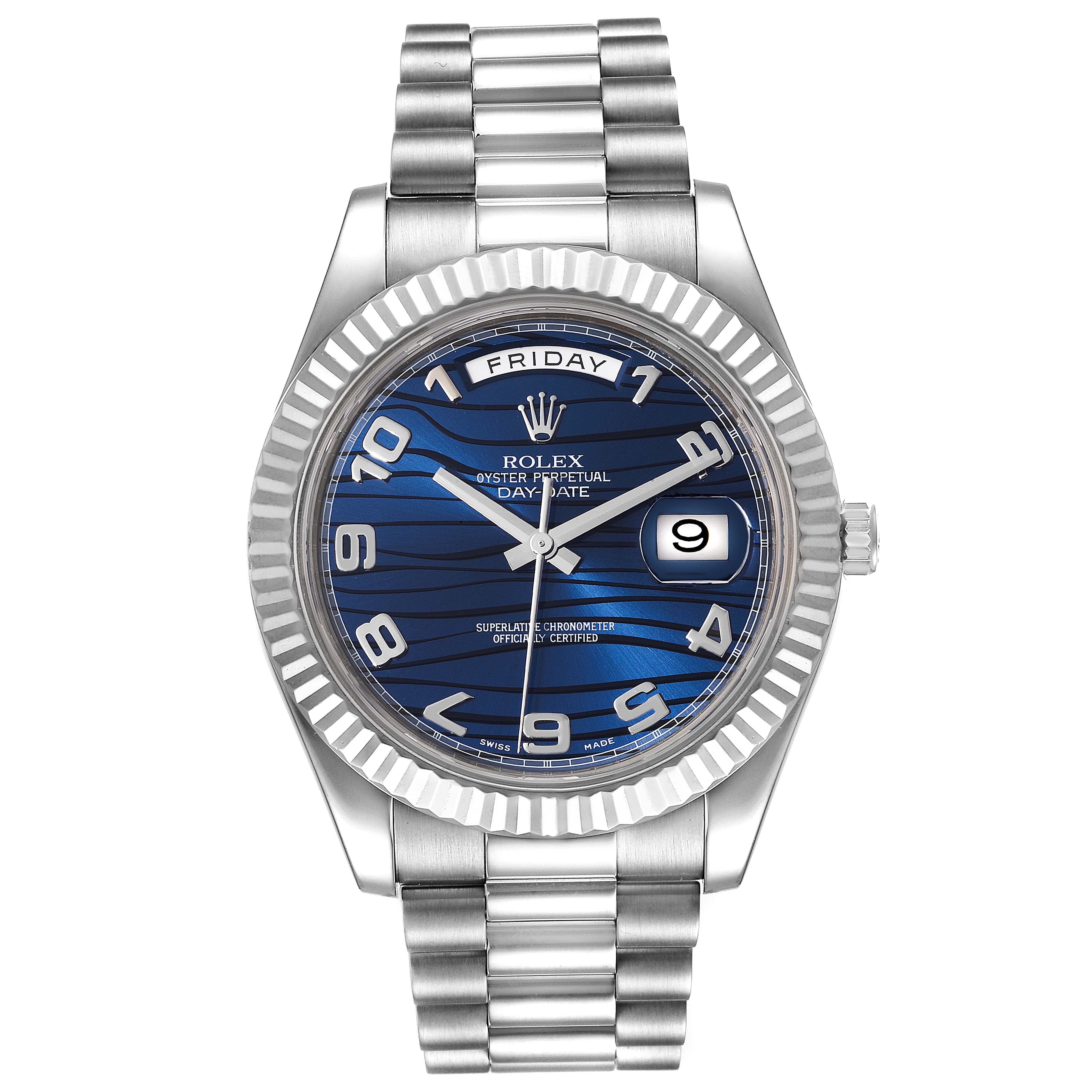 Rolex President Day-Date II White Gold Blue Dial Mens Watch 218239 Box Card