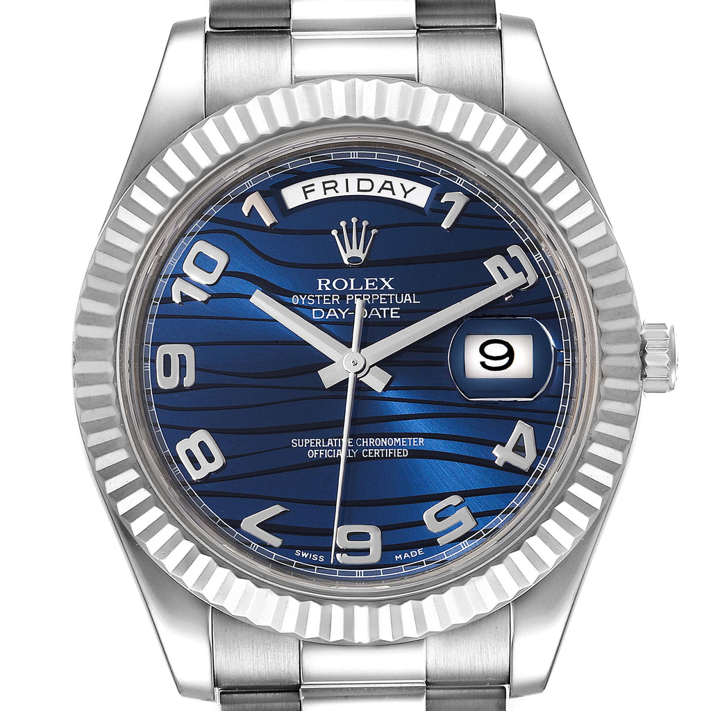 Rolex President Day-Date II White Gold Blue Dial Mens Watch 218239 Box Card