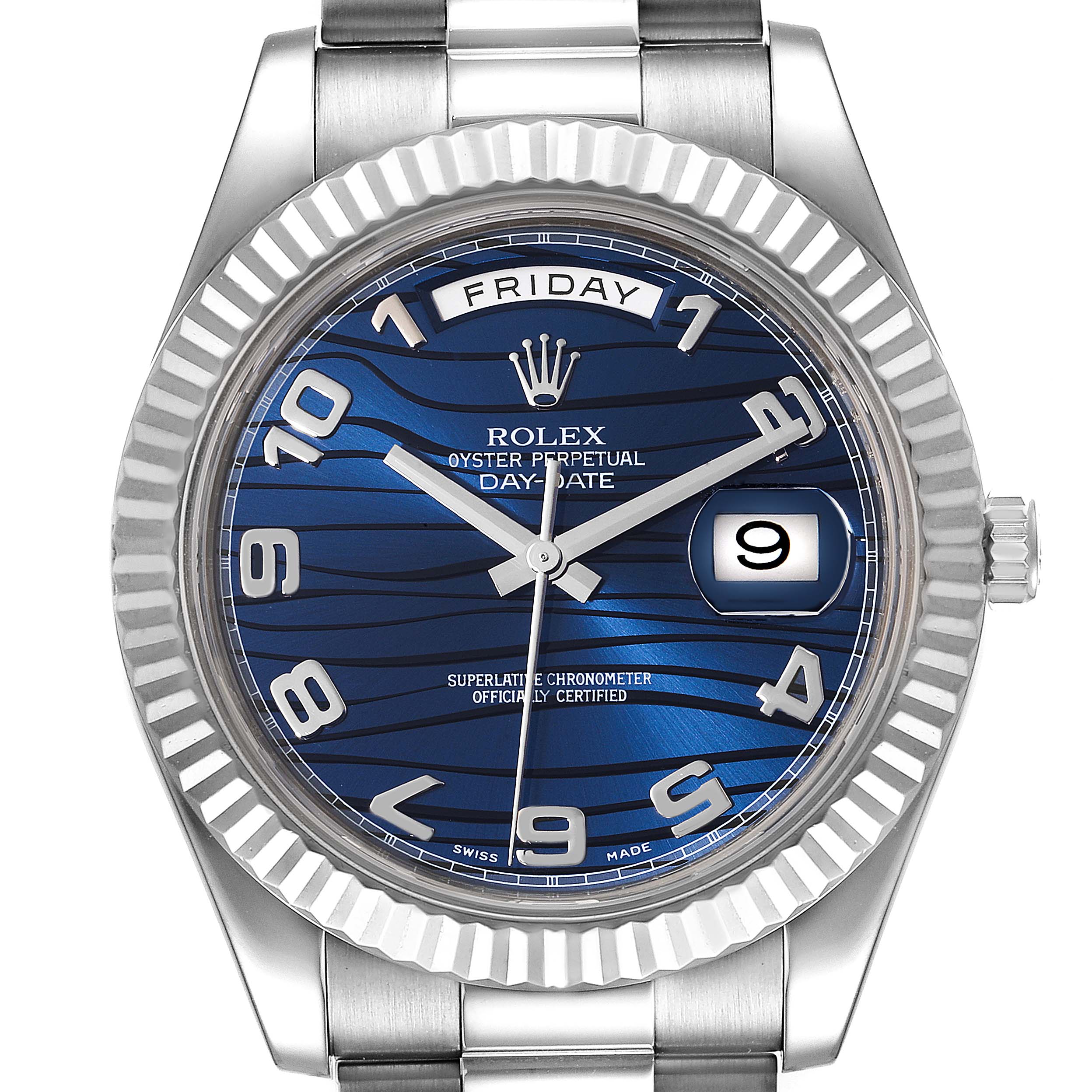 Rolex President Day-Date II White Gold Blue Dial Mens Watch 218239 Box Card