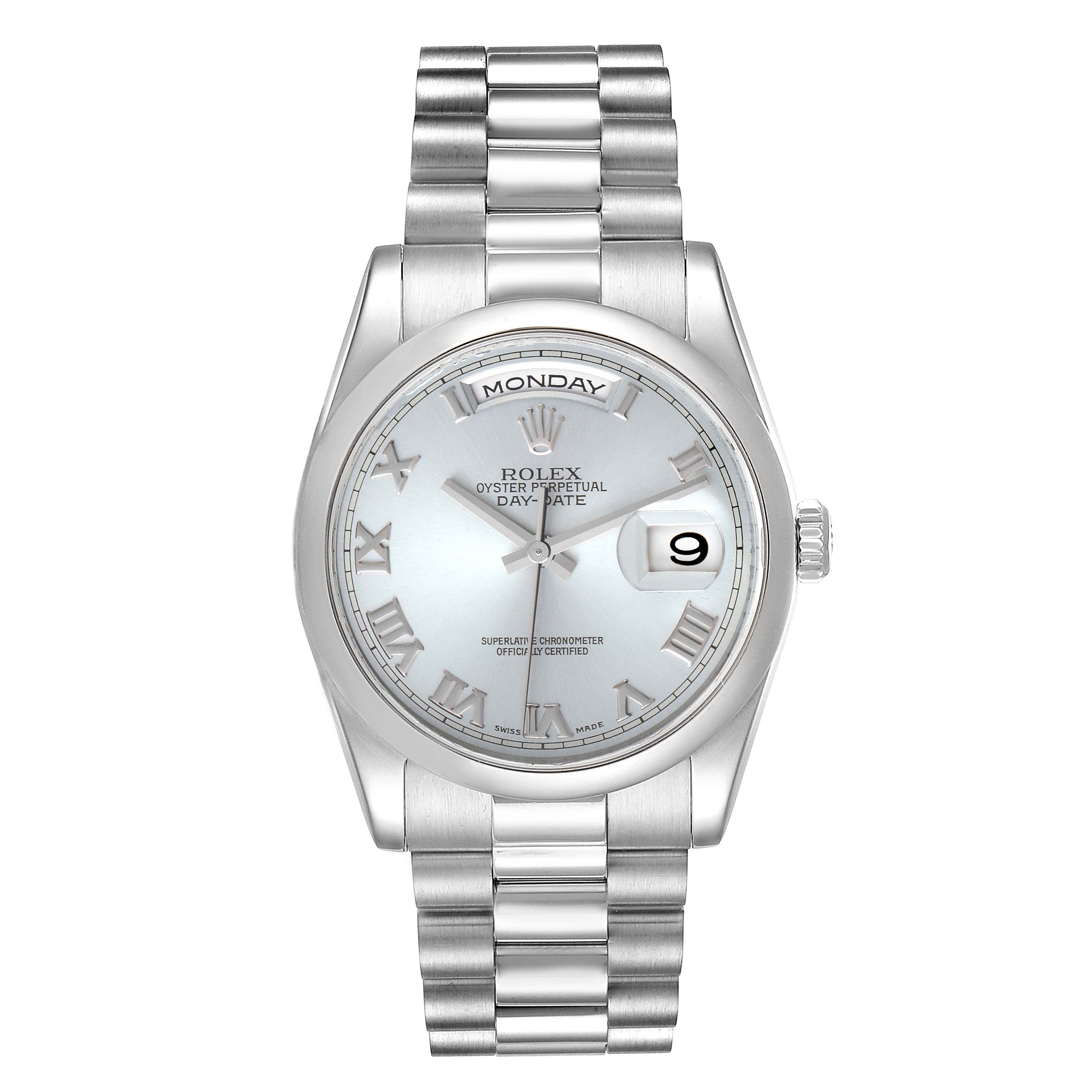 Rolex President Day-Date Platinum Glacier Blue Roman Mens Watch 118206