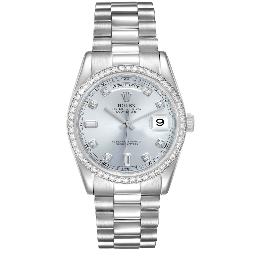 Rolex President Day-Date Platinum Ice Blue Dial Diamond Watch 118346 Box Papers