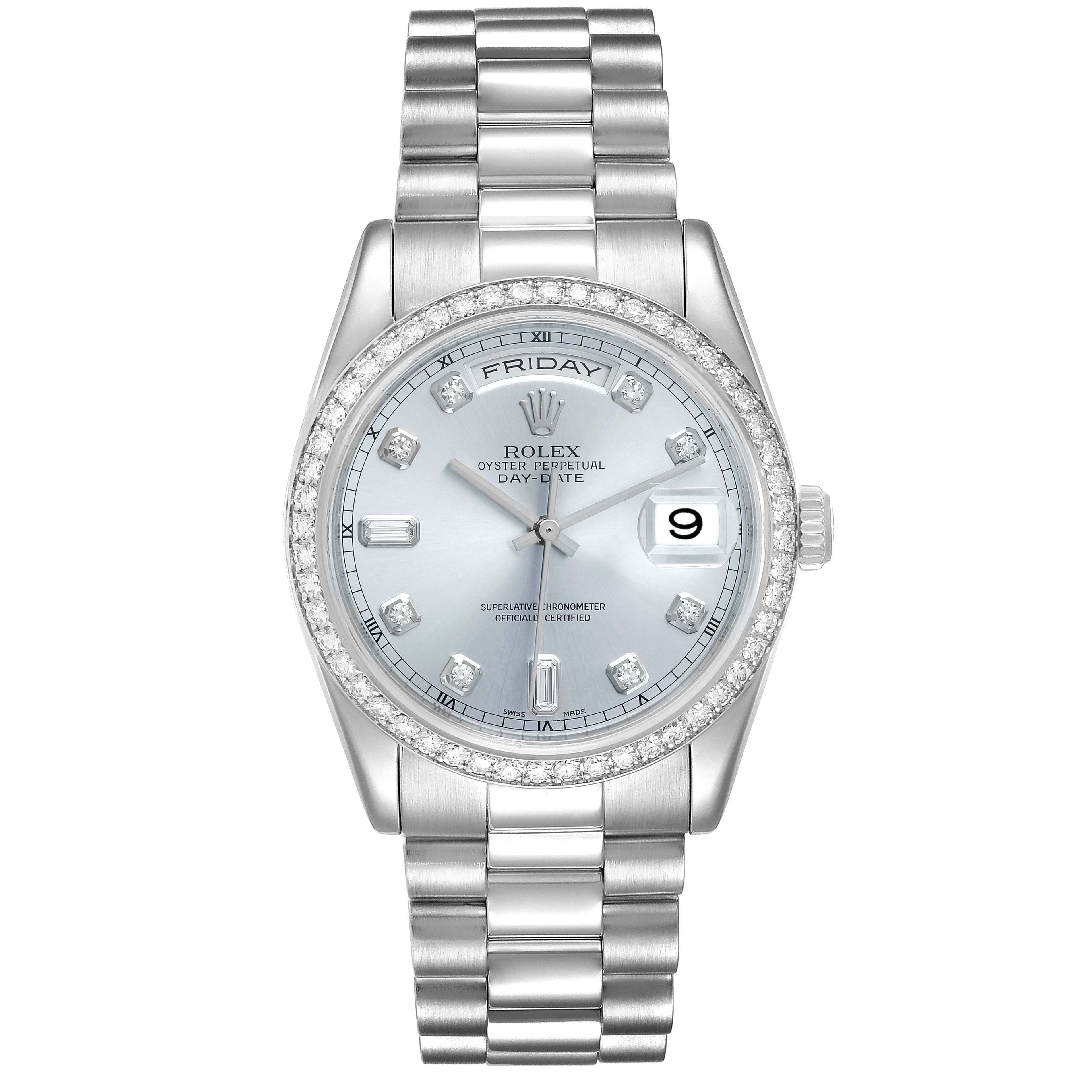 Rolex President Day-Date Platinum Ice Blue Dial Diamond Watch 118346 Box Papers