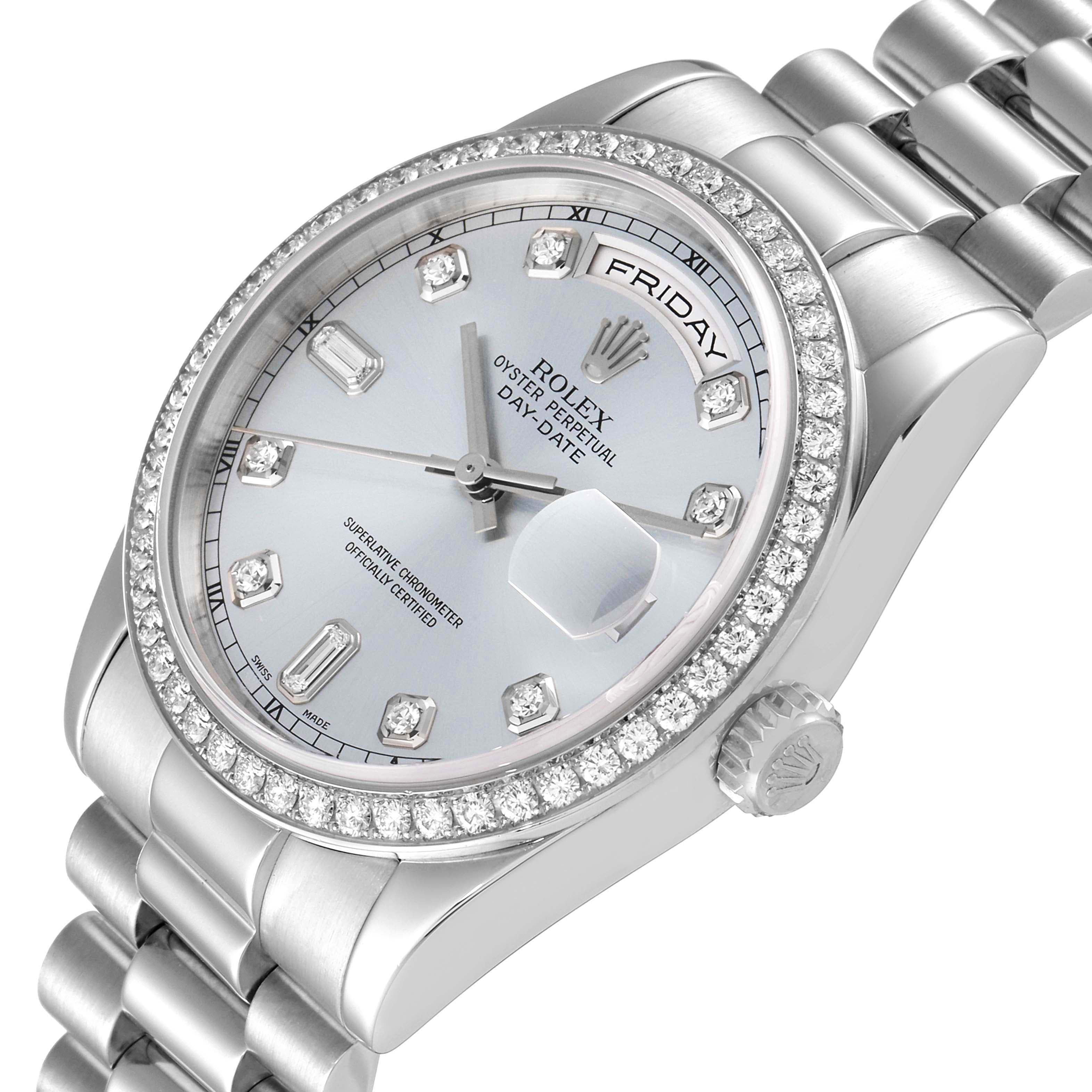 Rolex President Day-Date Platinum Ice Blue Dial Diamond Watch 118346 Box Papers