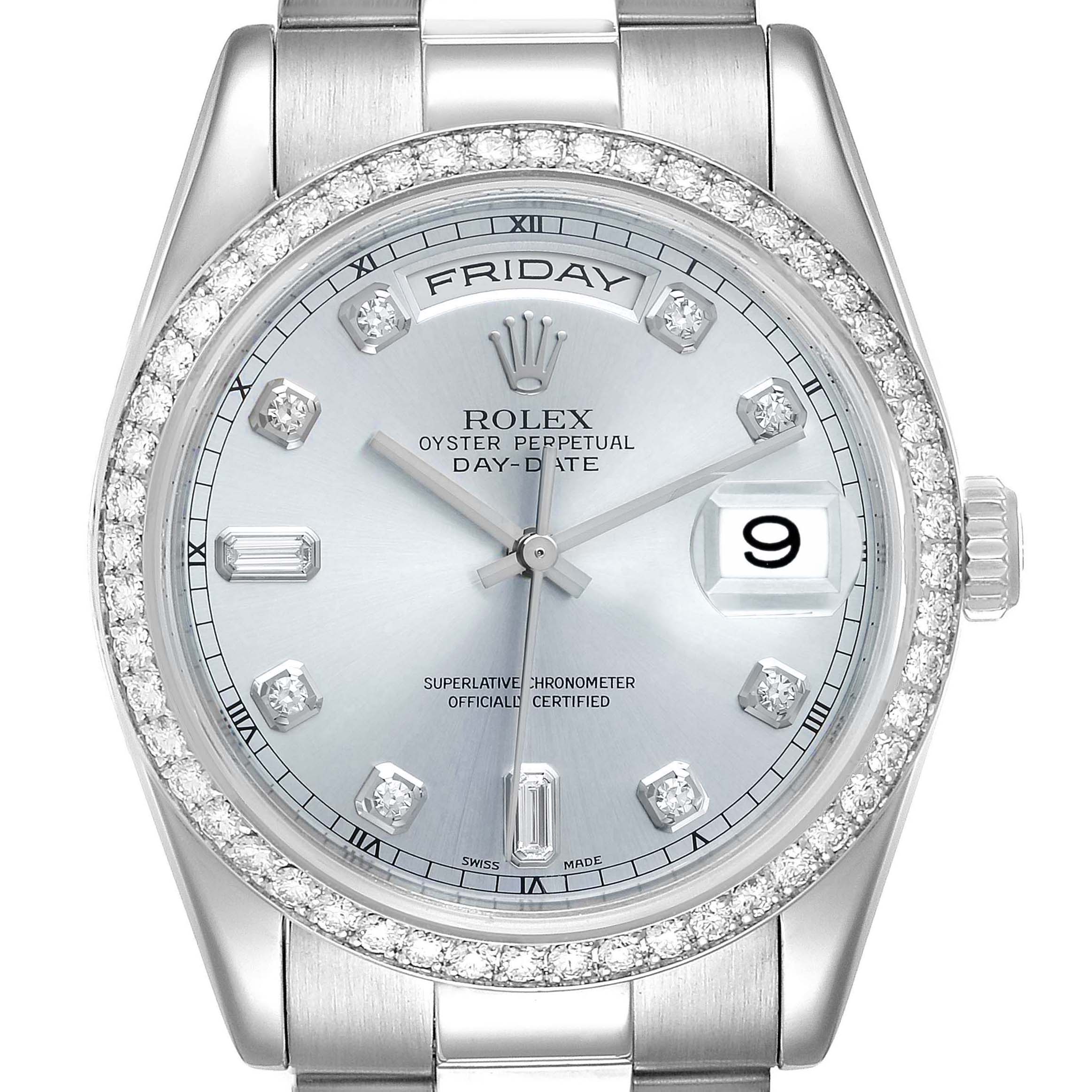 Rolex President Day-Date Platinum Ice Blue Dial Diamond Watch 118346 Box Papers