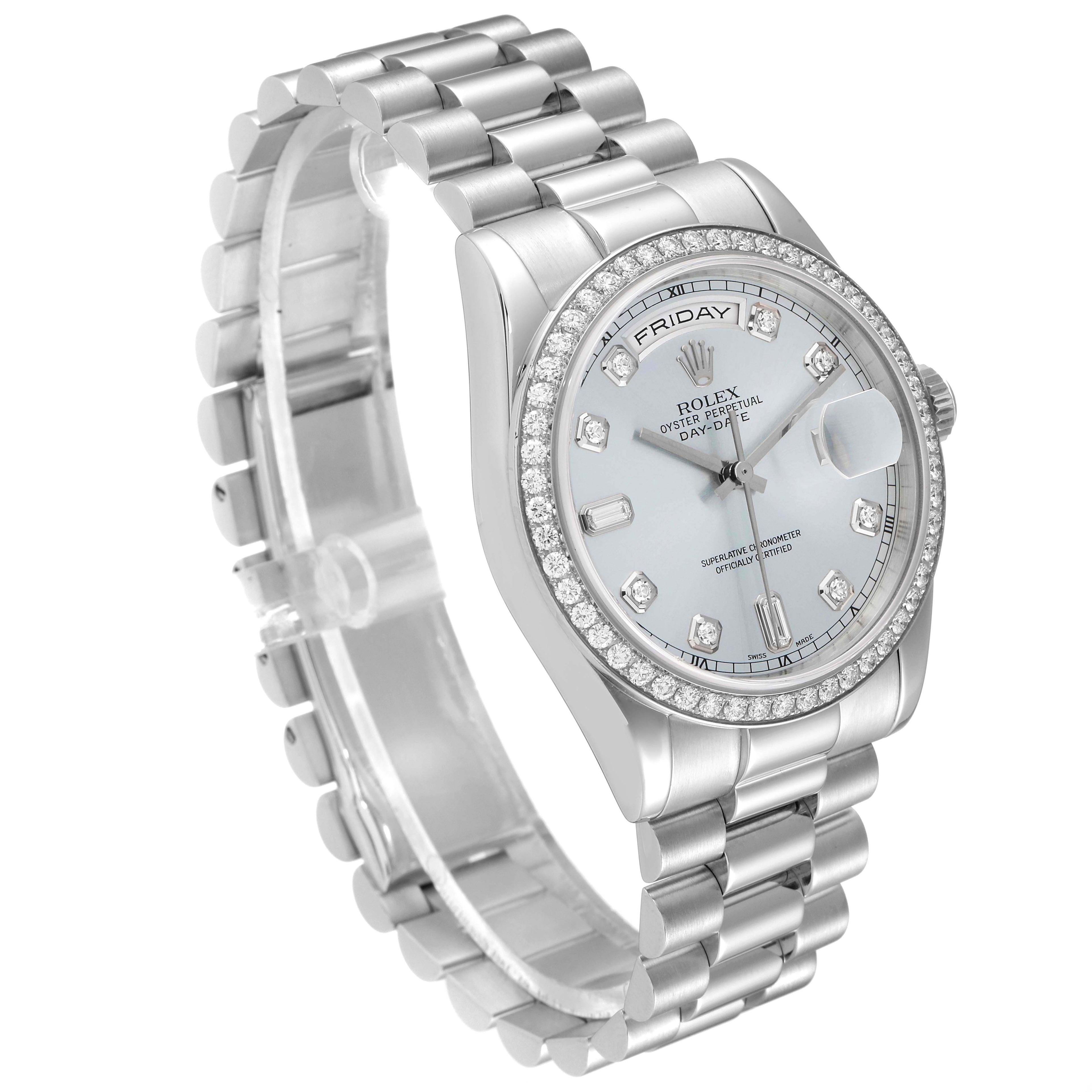 Rolex President Day-Date Platinum Ice Blue Dial Diamond Watch 118346 Box Papers
