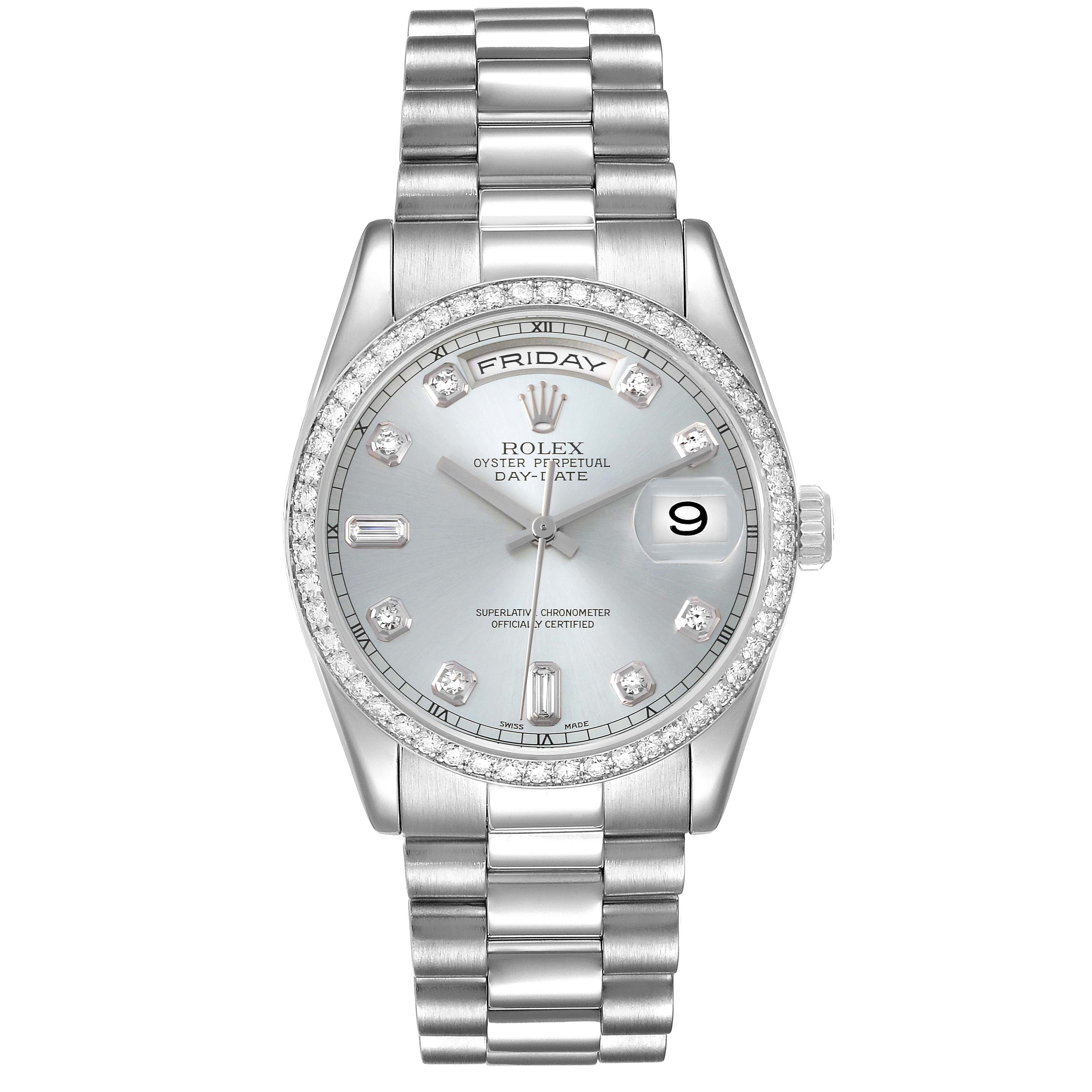 Rolex President Day-Date Platinum Ice Blue Diamond Dial Bezel Mens Watch 118346