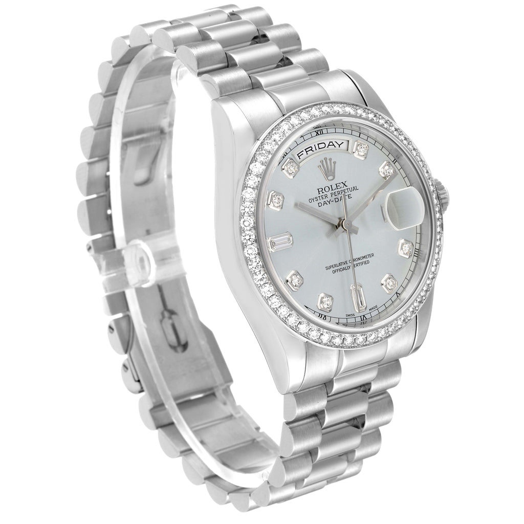 Rolex President Day-Date Platinum Ice Blue Diamond Dial Bezel Mens Watch 118346