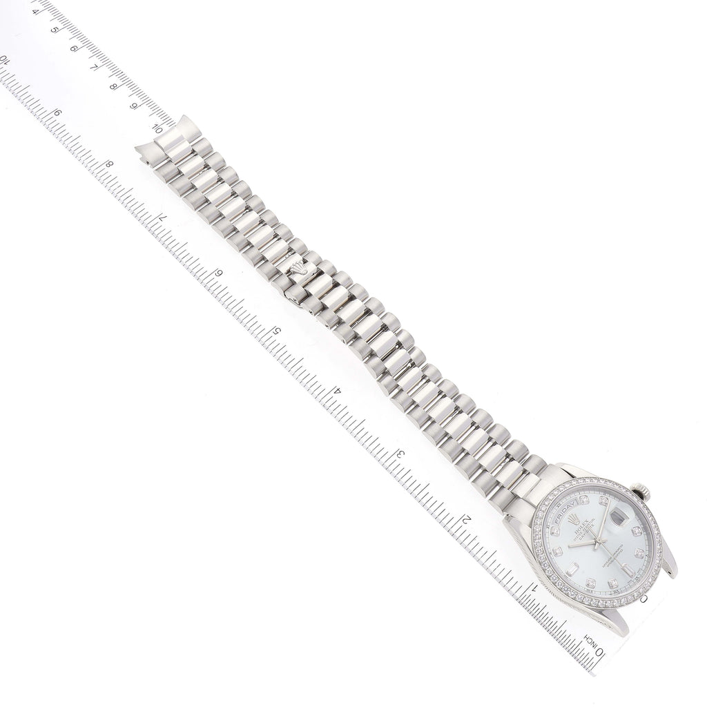 Rolex President Day-Date Platinum Ice Blue Diamond Dial Bezel Mens Watch 118346