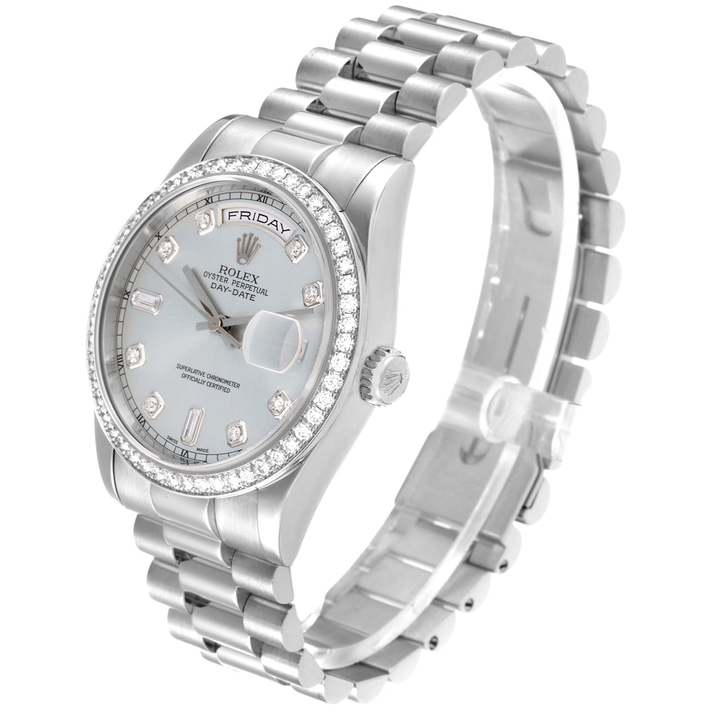 Rolex President Day-Date Platinum Ice Blue Diamond Dial Bezel Mens Watch 118346