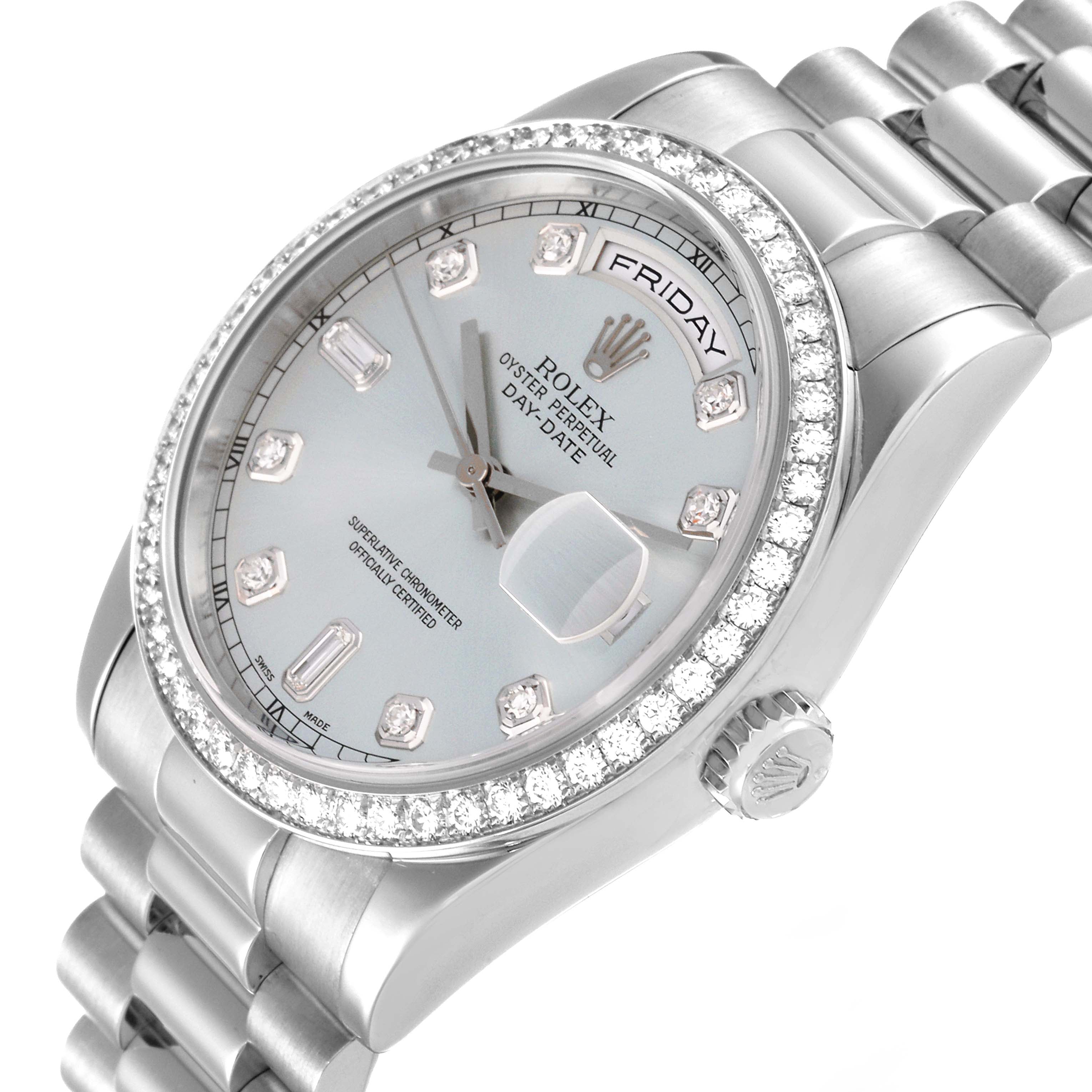 Rolex President Day-Date Platinum Ice Blue Diamond Dial Bezel Mens Watch 118346
