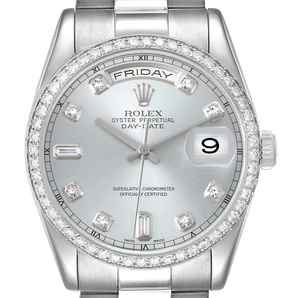 Rolex President Day-Date Platinum Ice Blue Diamond Dial Bezel Mens Watch 118346