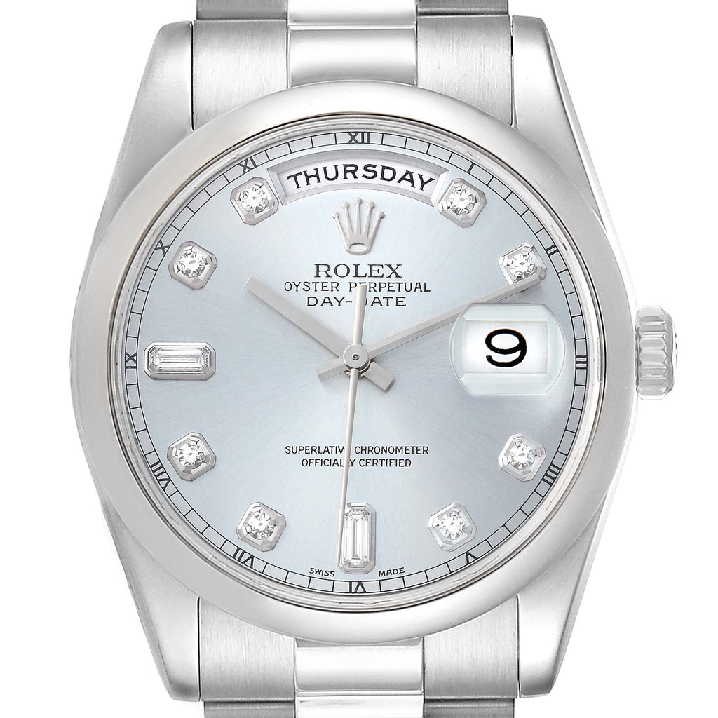 Rolex President Day-Date Platinum Silver Diamond Dial Mens Watch 118206