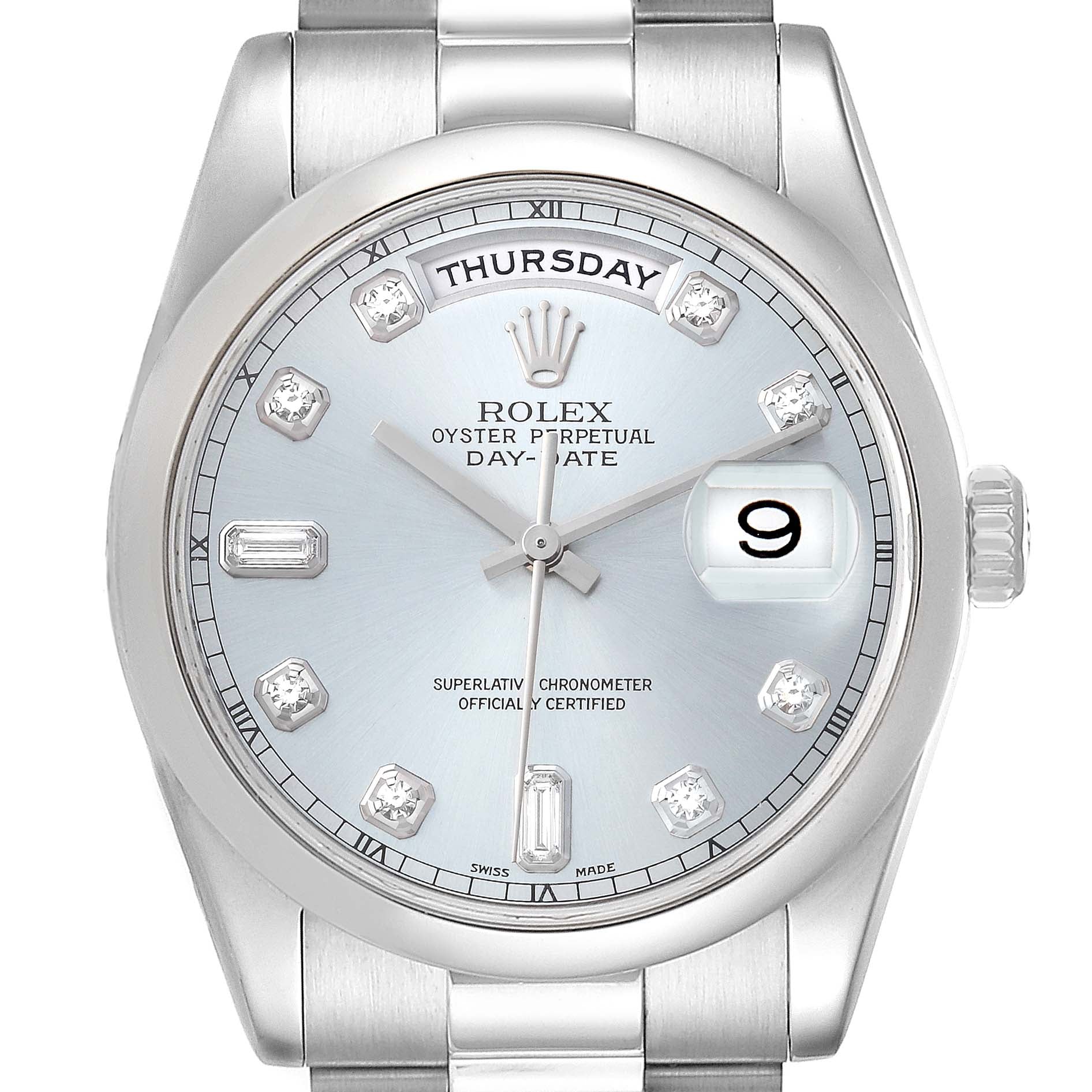 Rolex President Day-Date Platinum Silver Diamond Dial Mens Watch 118206