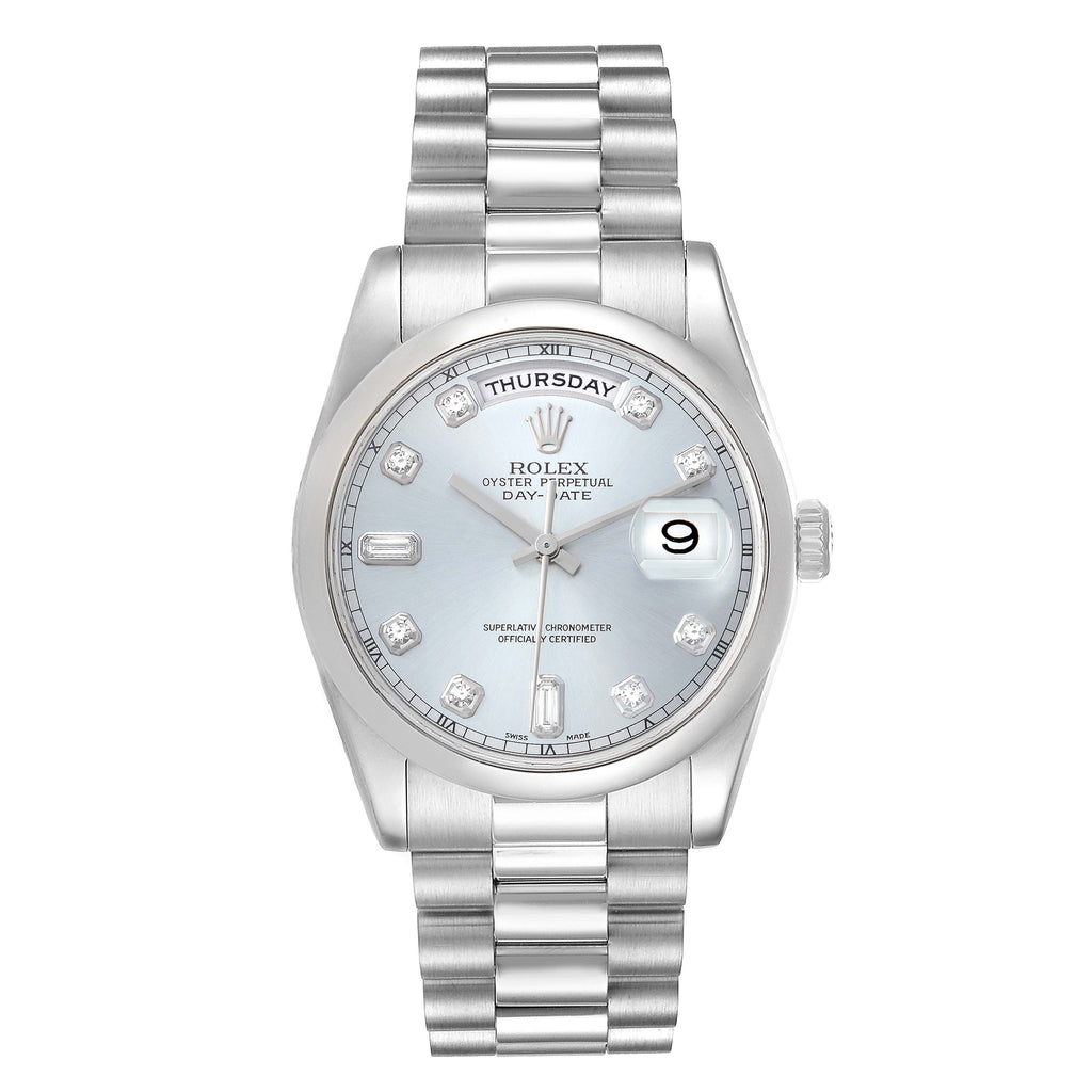 Rolex President Day-Date Platinum Silver Diamond Dial Mens Watch 118206