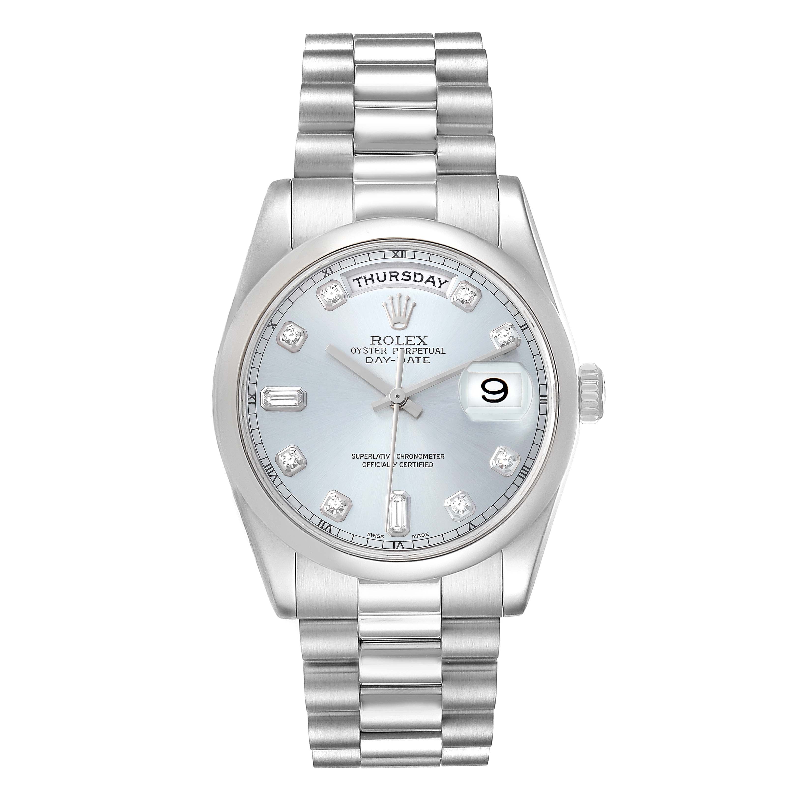 Rolex President Day-Date Platinum Silver Diamond Dial Mens Watch 118206