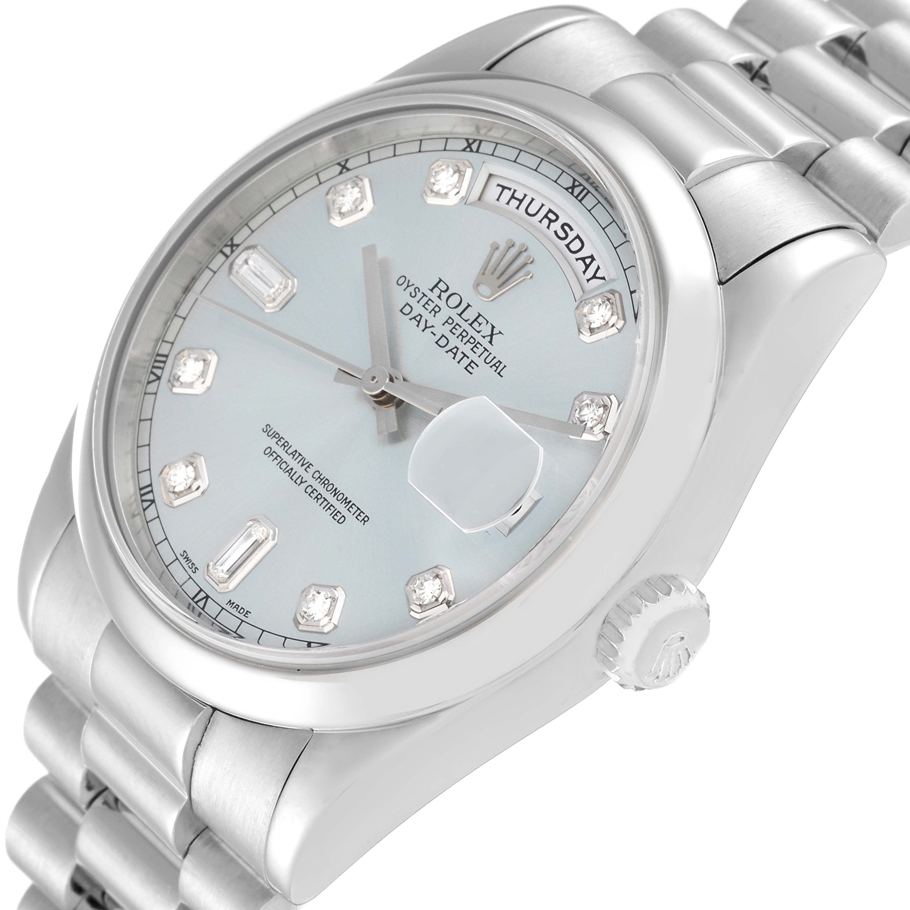 Rolex President Day-Date Platinum Silver Diamond Dial Mens Watch 118206