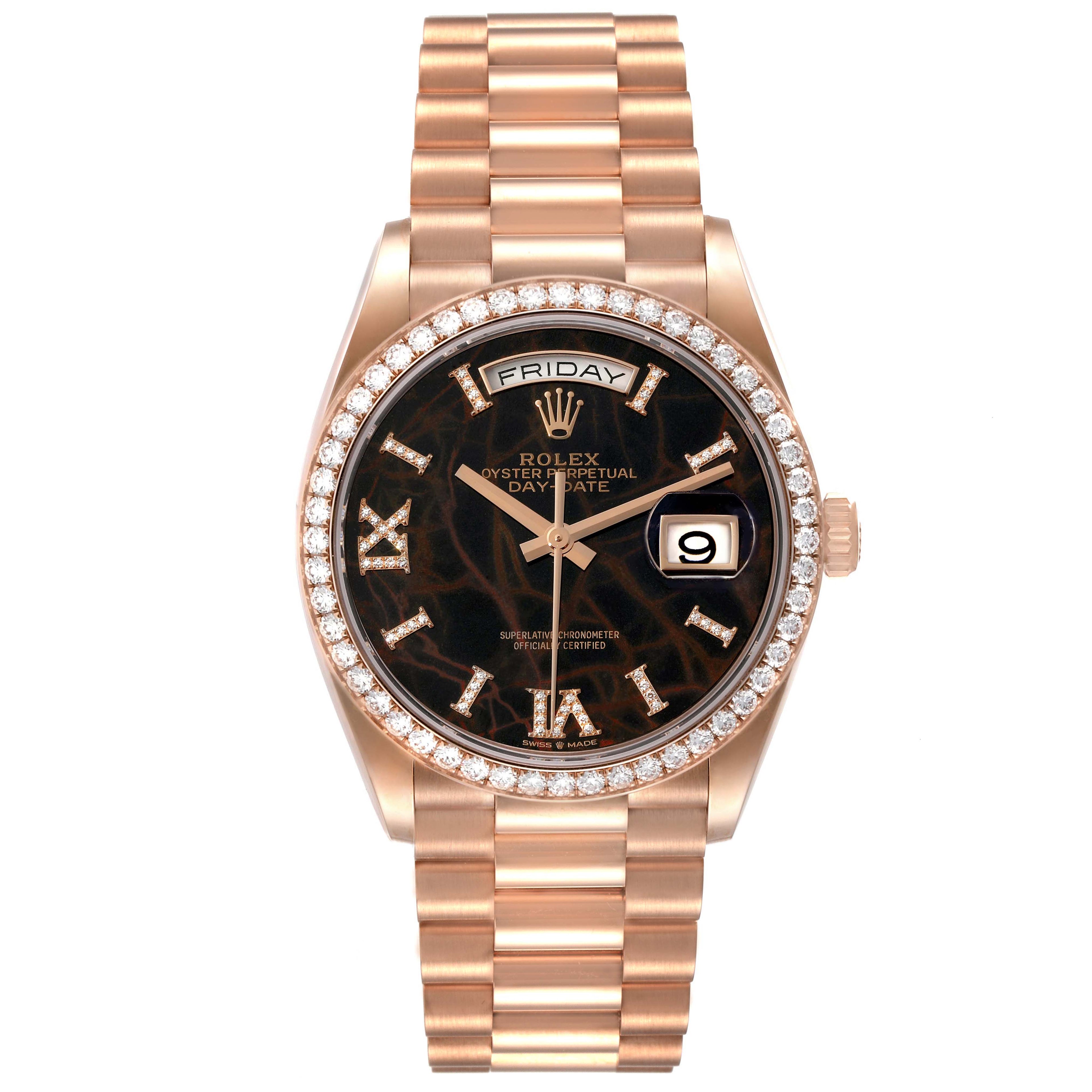 Rolex President Day Date Rose Gold Eisenkiesel Stone Diamond Mens Watch 128345 Unworn