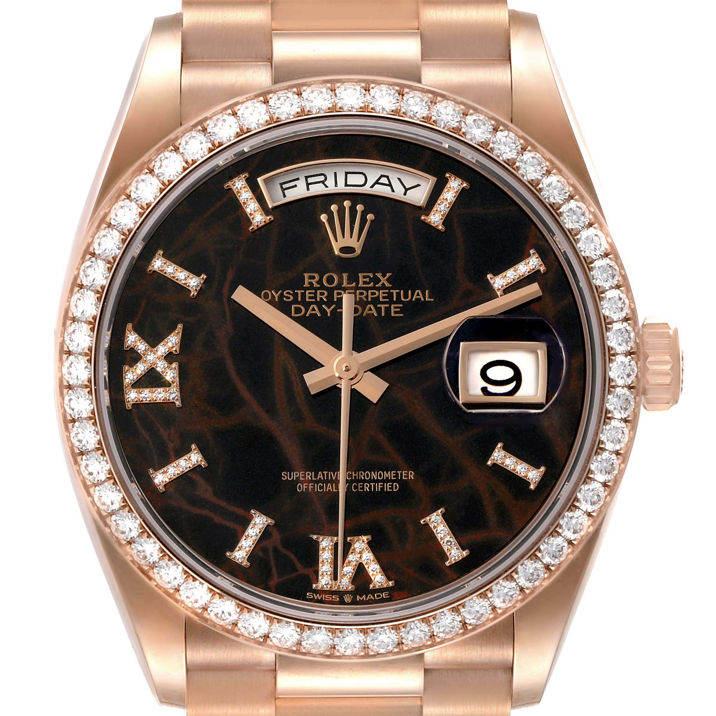 Rolex President Day Date Rose Gold Eisenkiesel Stone Diamond Mens Watch 128345 Unworn