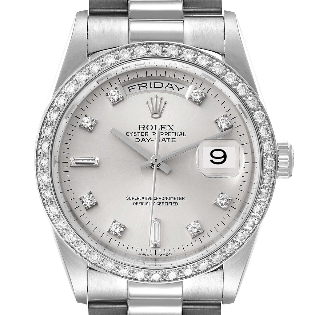 Rolex President Day-Date Silver Dial Platinum Diamond Mens Watch 18346