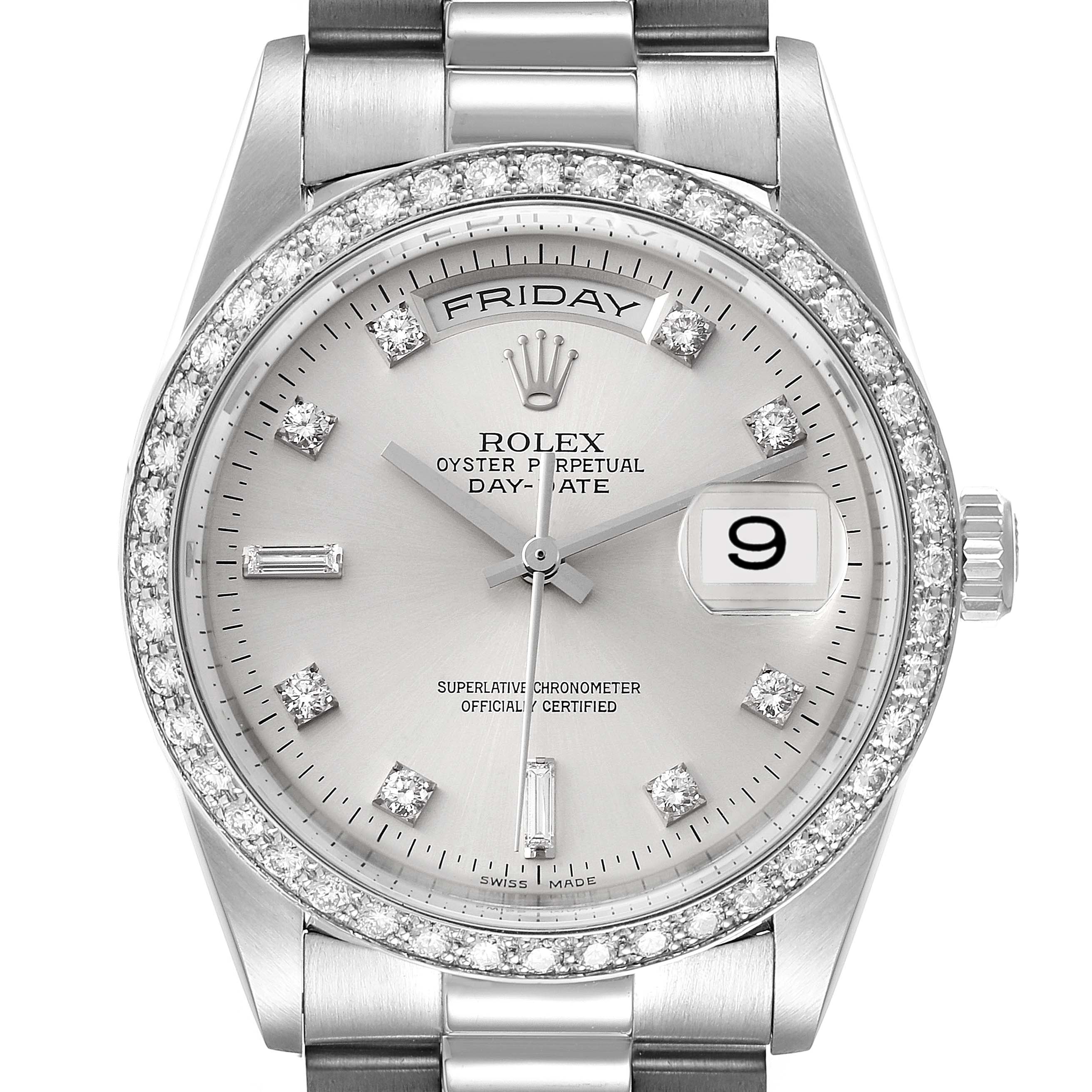 Rolex President Day-Date Silver Dial Platinum Diamond Mens Watch 18346