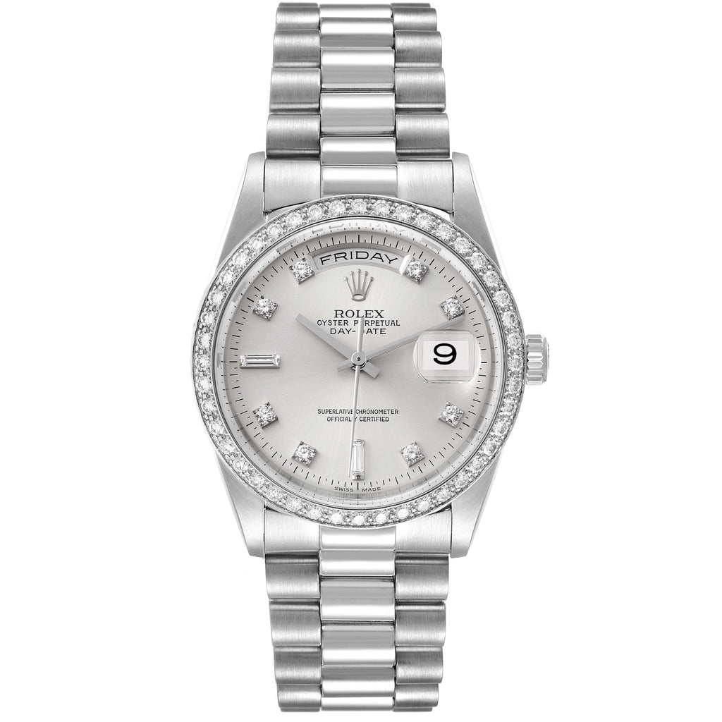 Rolex President Day-Date Silver Dial Platinum Diamond Mens Watch 18346