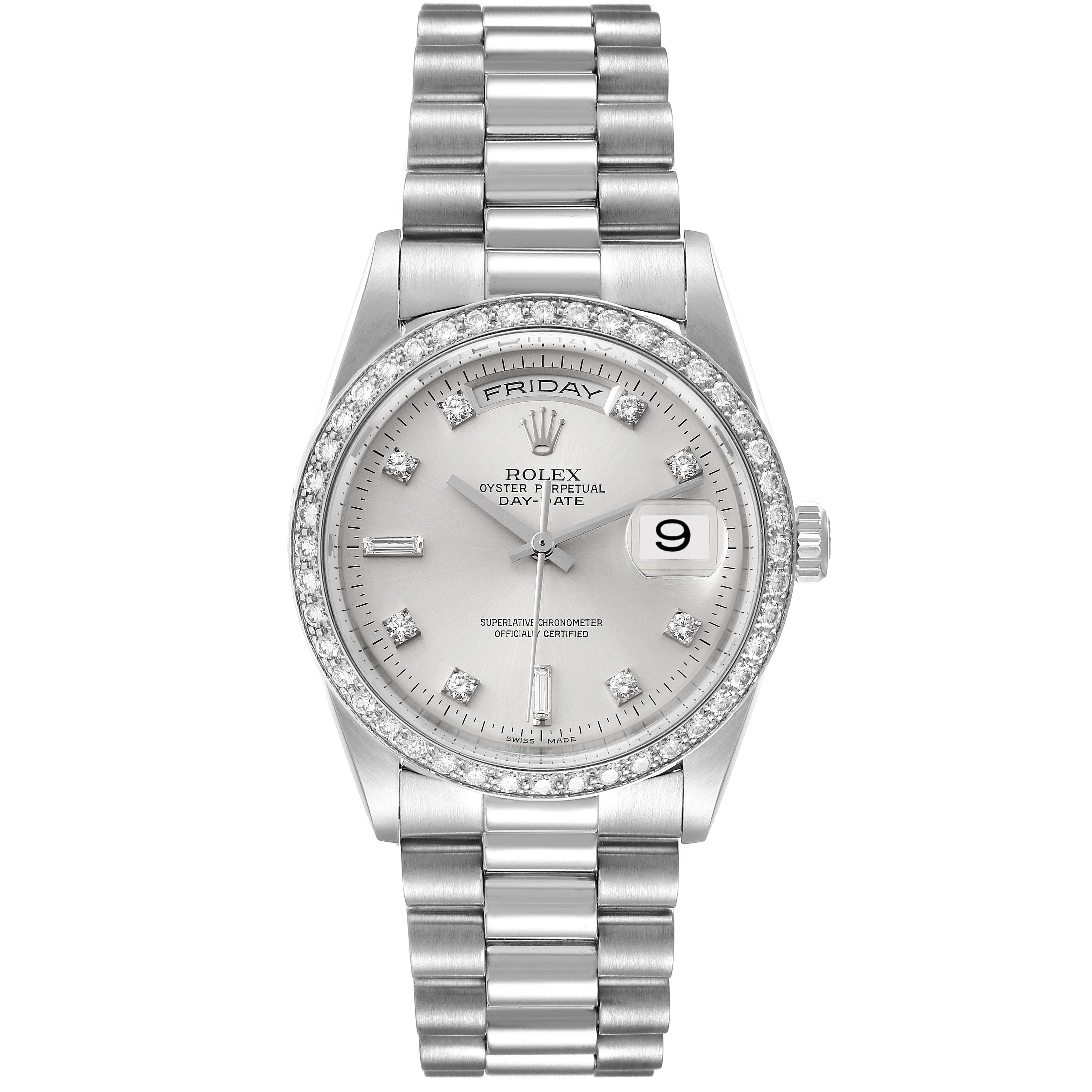Rolex President Day-Date Silver Dial Platinum Diamond Mens Watch 18346