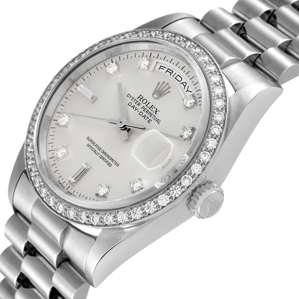 Rolex President Day-Date Silver Dial Platinum Diamond Mens Watch 18346