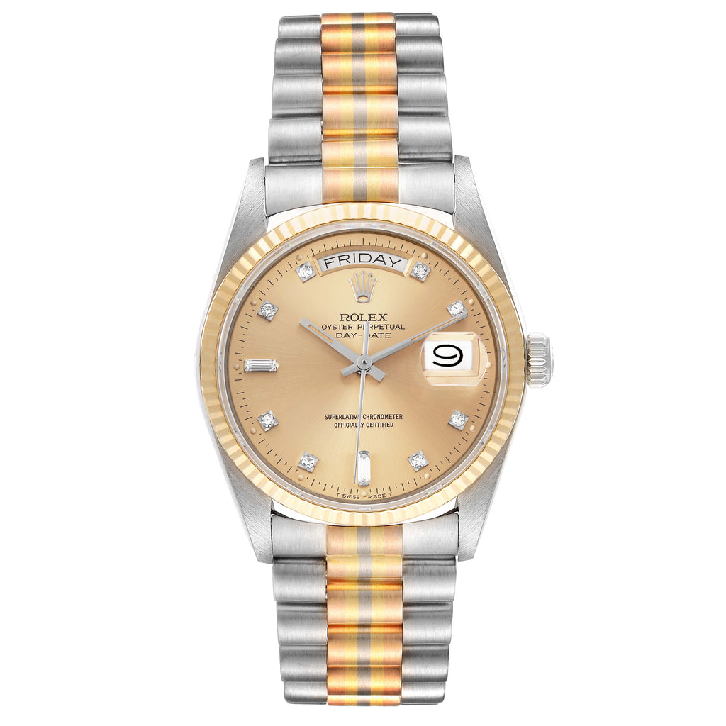 Rolex President Day-Date Tridor White Yellow Rose Gold Diamond Watch 18039