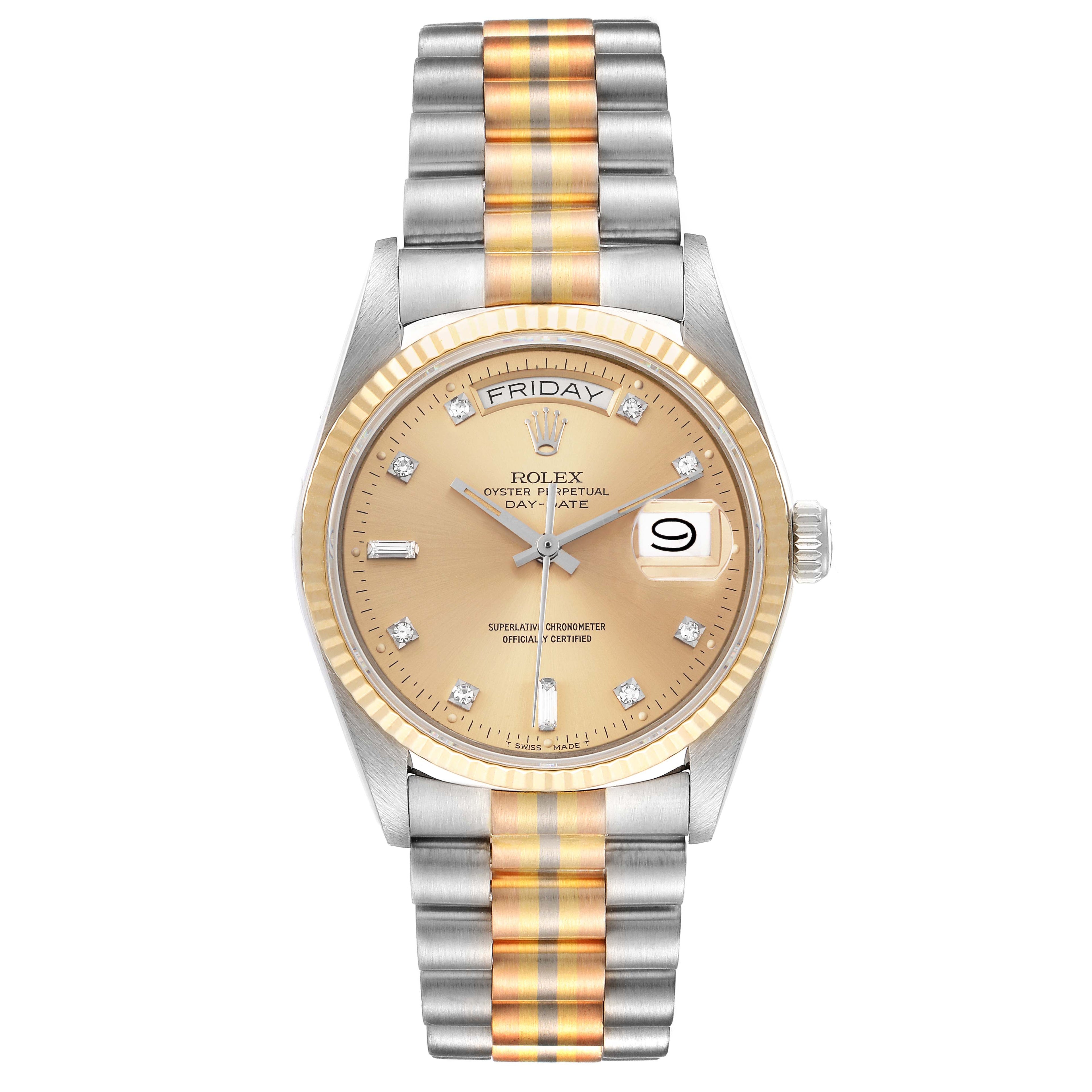 Rolex President Day-Date Tridor White Yellow Rose Gold Diamond Watch 18039