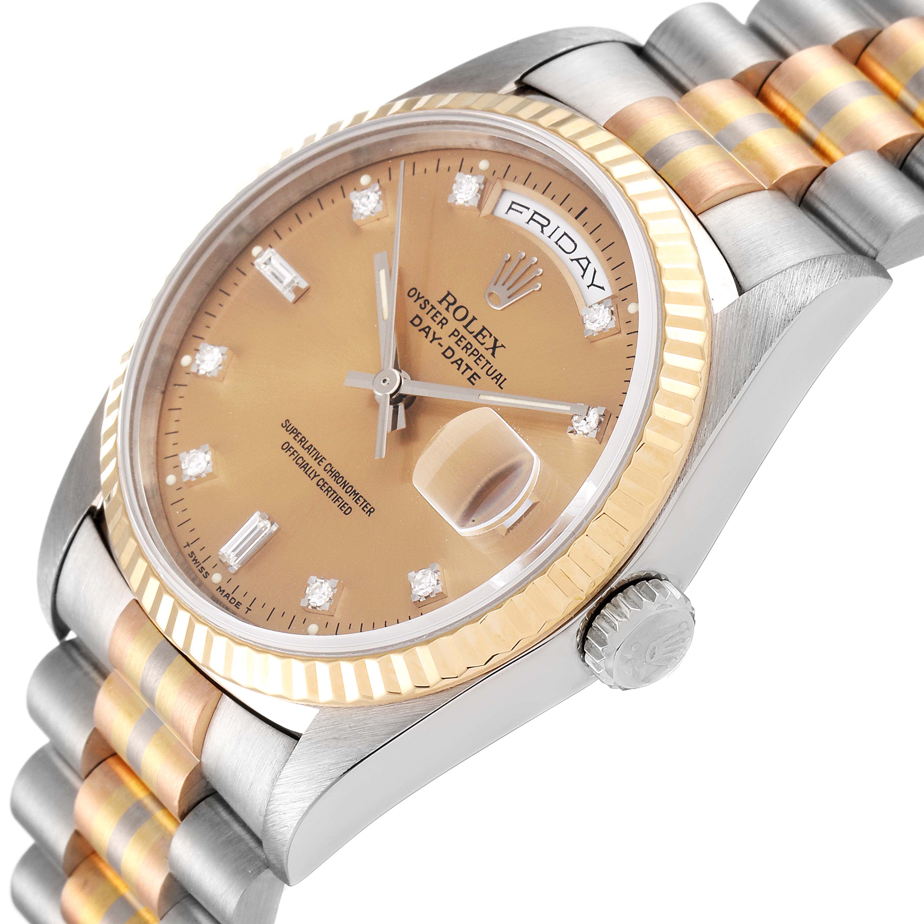 Rolex President Day-Date Tridor White Yellow Rose Gold Diamond Watch 18239 Papers