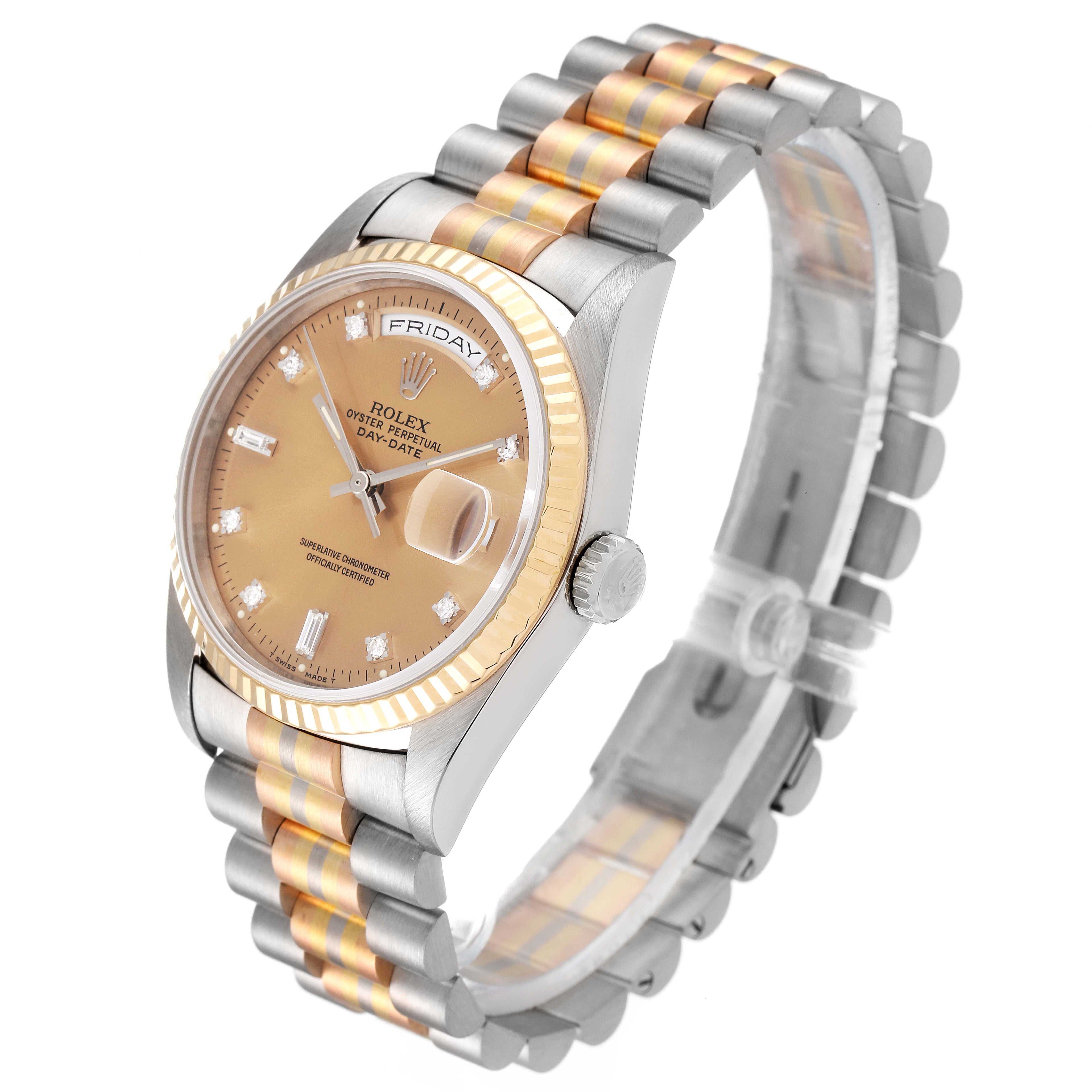 Rolex President Day-Date Tridor White Yellow Rose Gold Diamond Watch 18239 Papers