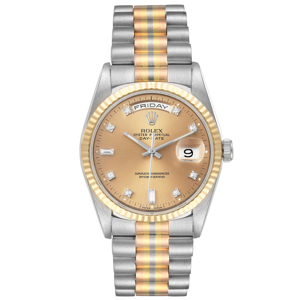 Rolex President Day-Date Tridor White Yellow Rose Gold Diamond Watch 18239 Papers