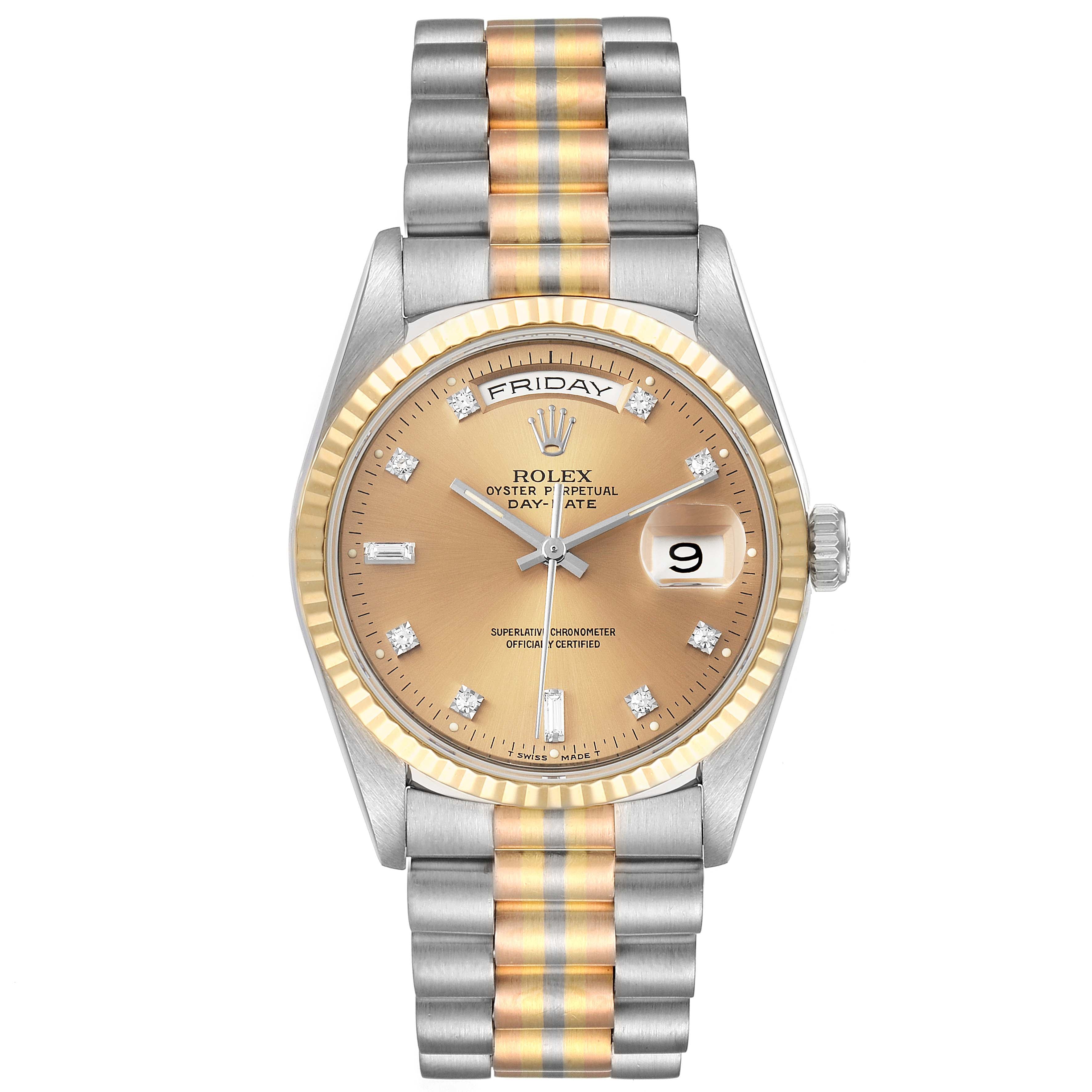 Rolex President Day-Date Tridor White Yellow Rose Gold Diamond Watch 18239 Papers