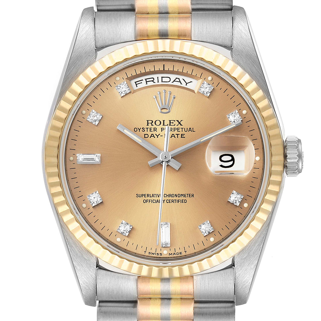 Rolex President Day-Date Tridor White Yellow Rose Gold Diamond Watch 18239 Papers