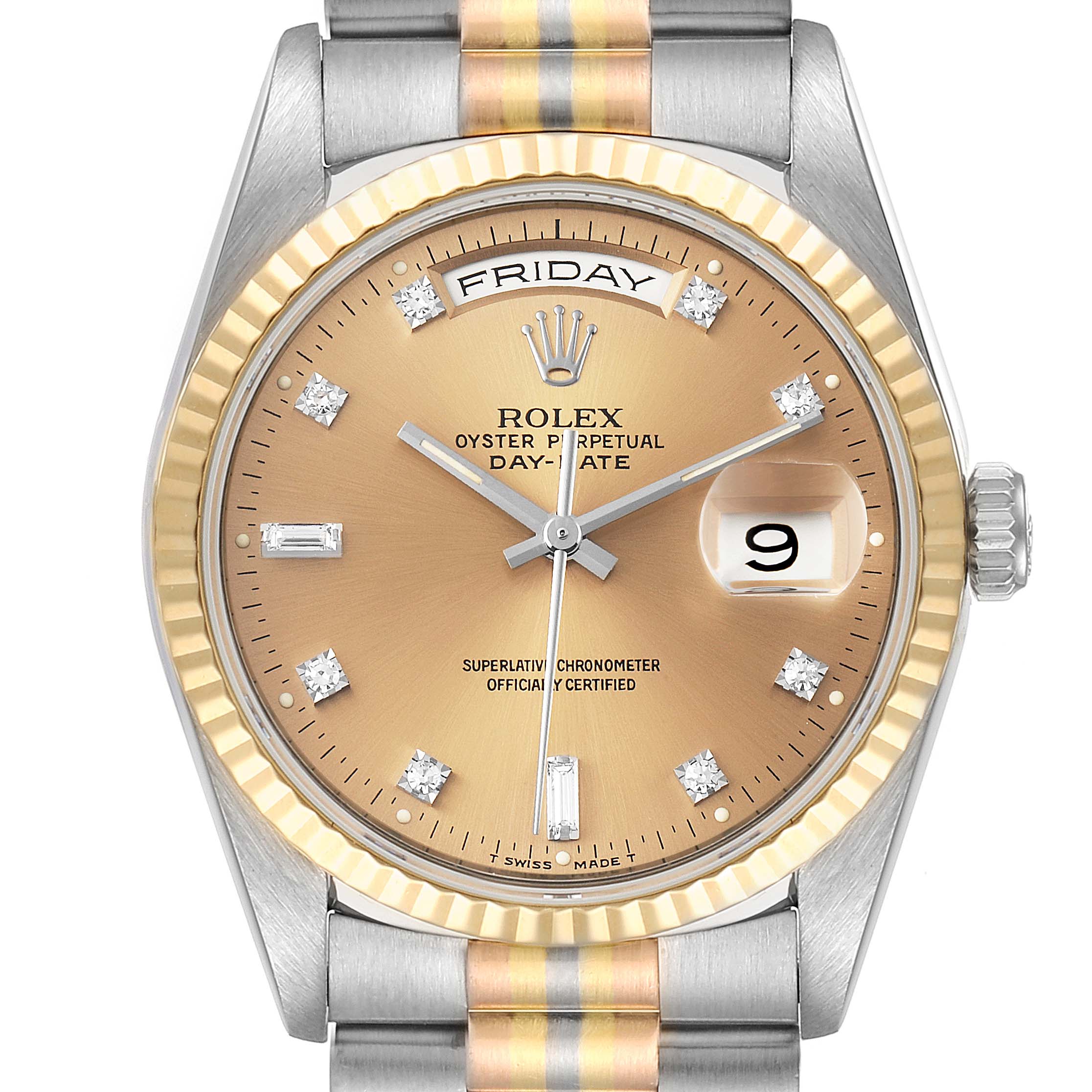 Rolex President Day-Date Tridor White Yellow Rose Gold Diamond Watch 18239 Papers