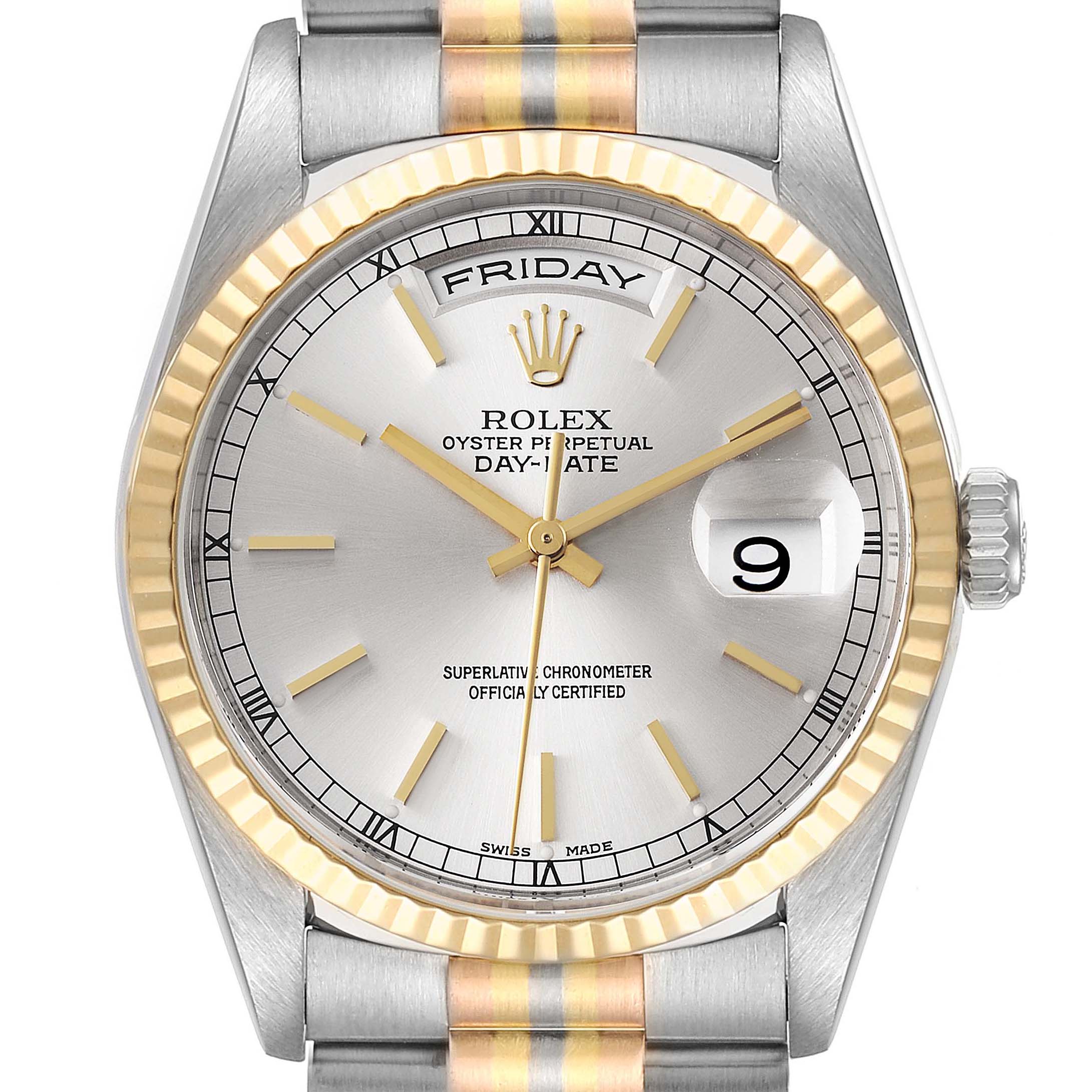 Rolex President Day-Date Tridor White Yellow Rose Gold Mens Watch 18239