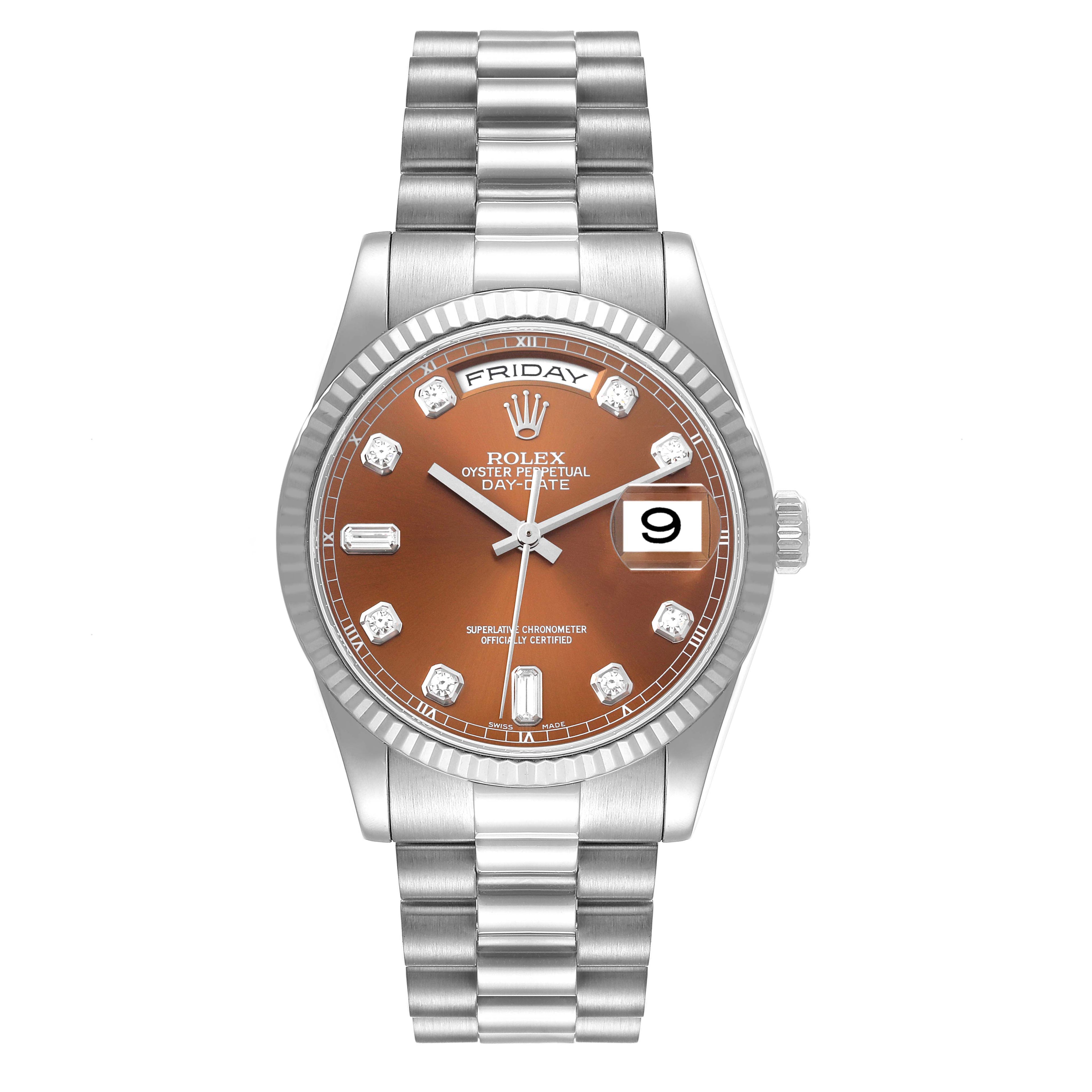 Rolex President Day-Date White Gold Bronze Diamond Dial Mens Watch 118239