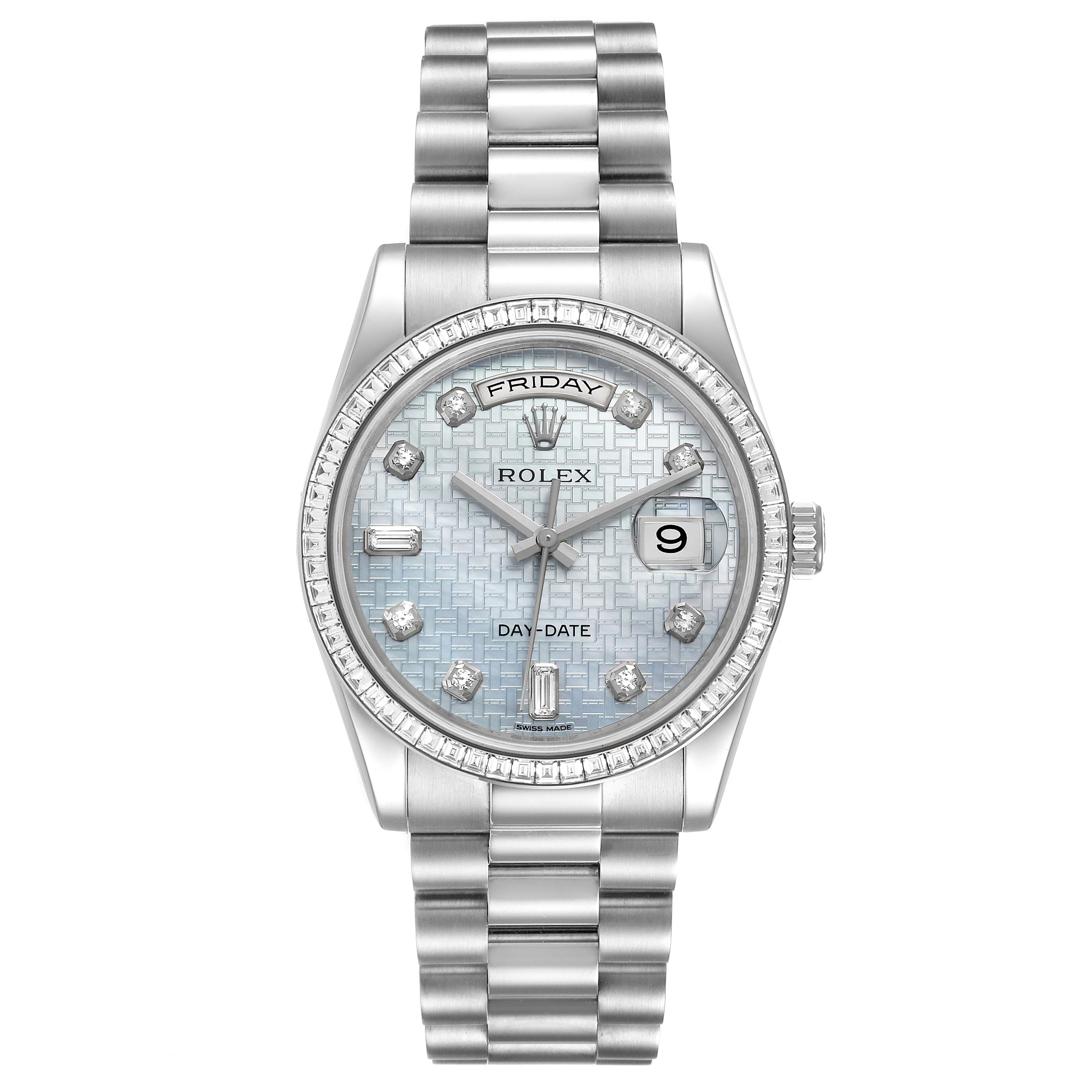 Rolex President Day-Date Blue Mother of Pearl White Gold Diamond Mens Watch 118399 Box Card