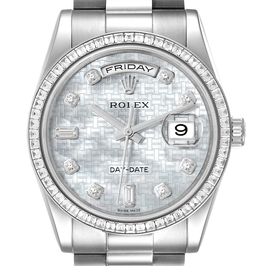 Rolex President Day-Date White Gold Diamond Dial Bezel Watch 118399 Box Card