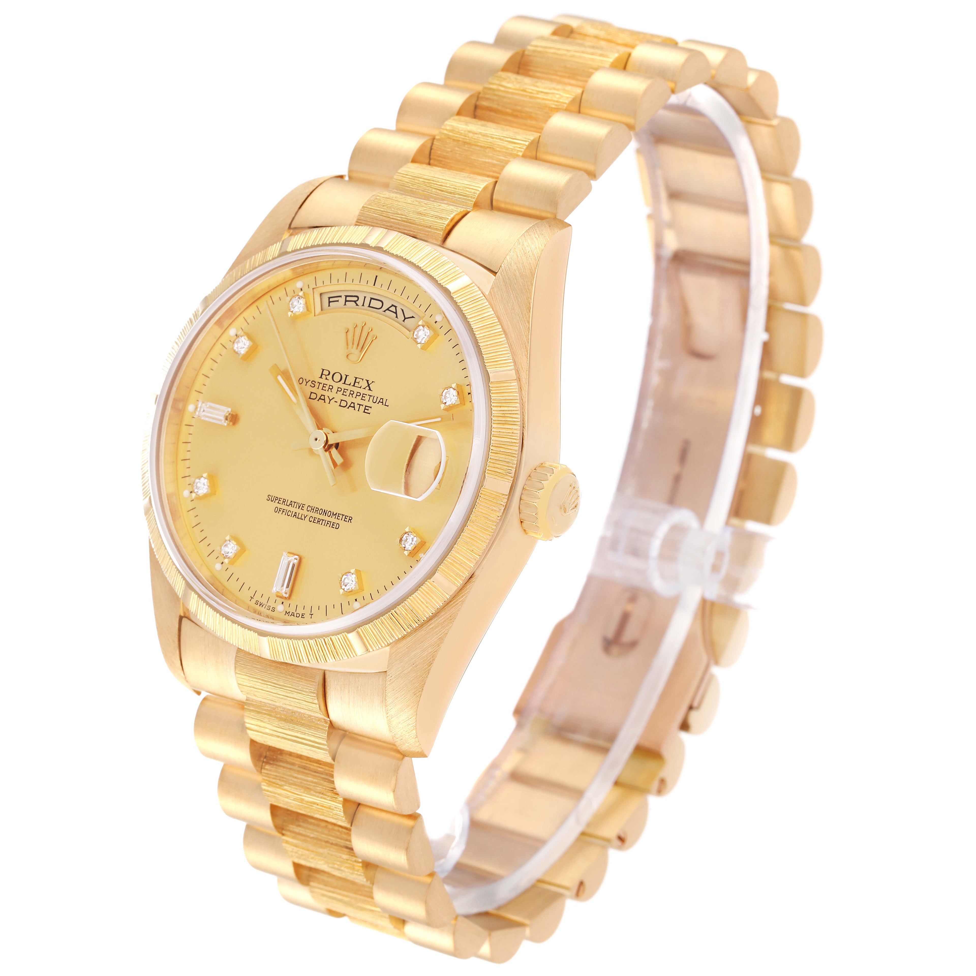 Rolex President Day-Date Yellow Gold Bark Diamond Dial Mens Watch 18248 Box Card