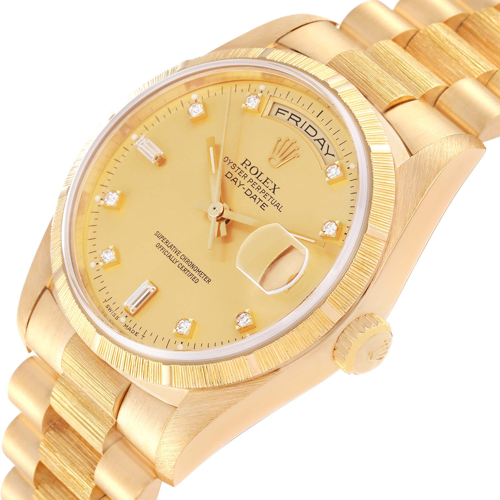 Rolex President Day-Date Yellow Gold Bark Diamond Dial Mens Watch 18248 Box Card